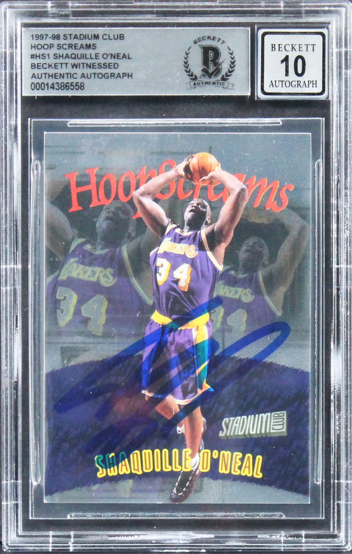 Shaquille O'Neal Signed 1997 Stadium Club Hoop Screams HS1 Card Auto 10 BAS Slab