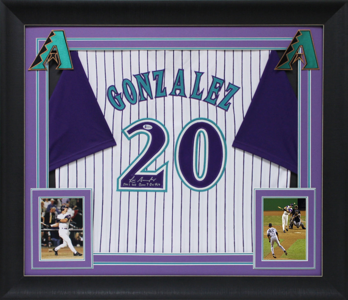 Luis Gonzalez "2001 WS G7 GW Hit" Signed White Pinstripe Framed Jersey BAS Wit