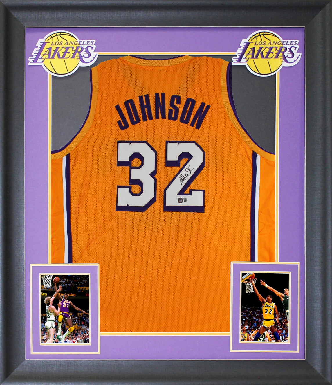 Magic Johnson Signed Yellow Pro Style Framed Jersey w/ White #'s BAS Witnessed