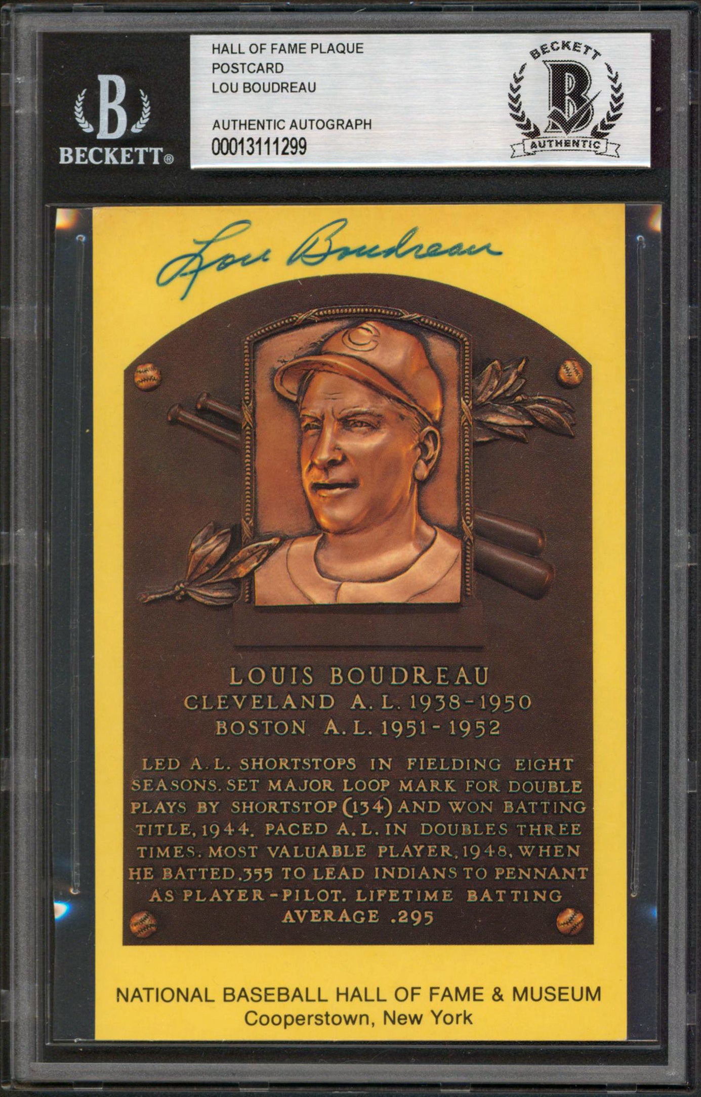 Indians Lou Boudreau Authentic Signed 3.5x5.5 Postcard Autographed BAS Slabbed