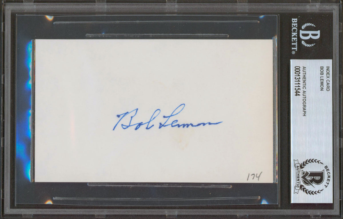 Indians Bob Lemon Authentic Signed 3x5 Index Card Autographed BAS Slabbed