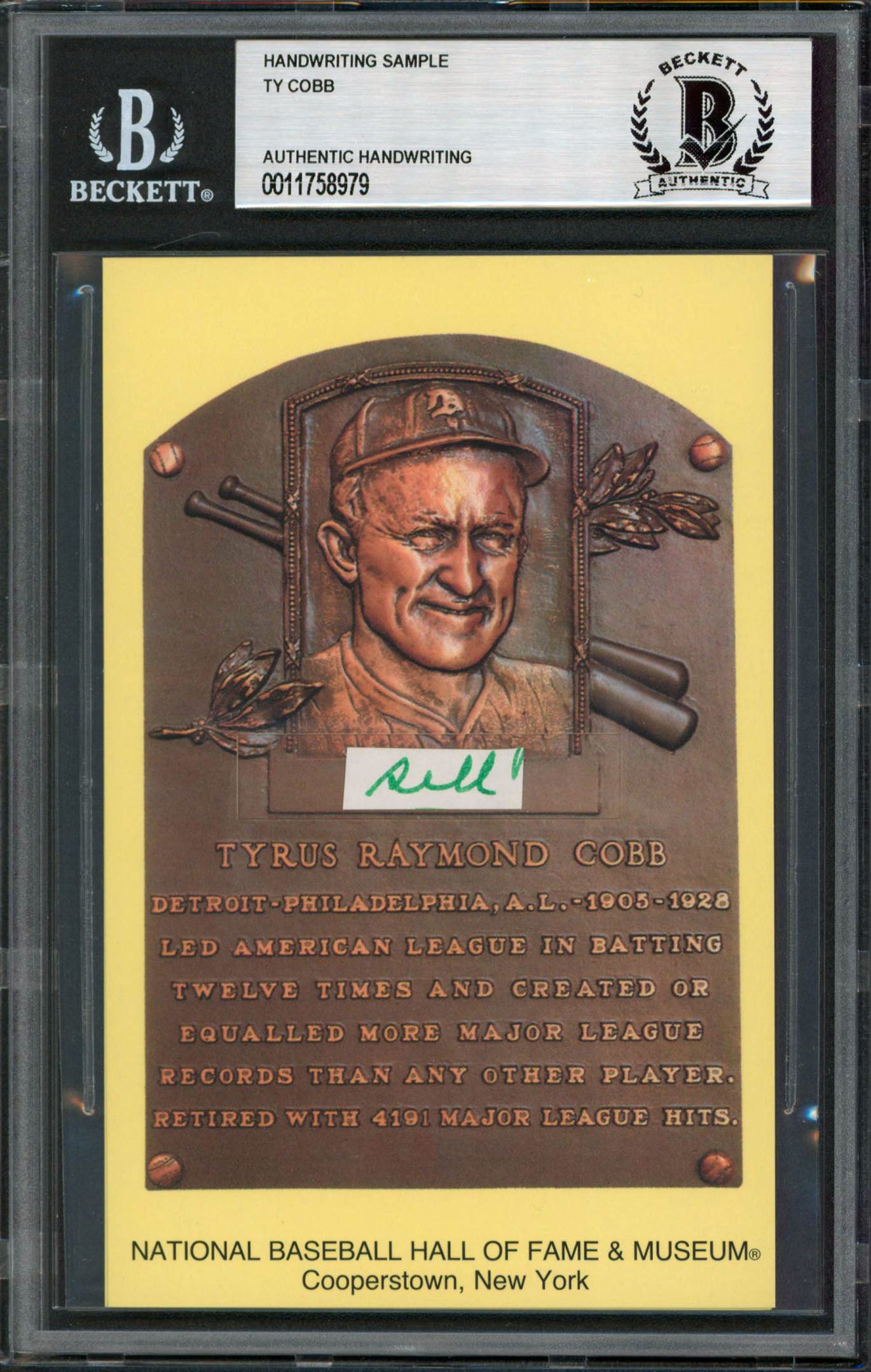 Tigers Ty Cobb Writing Sample 3.5x5.5 HOF Plaque Postcard BAS Slabbed 36