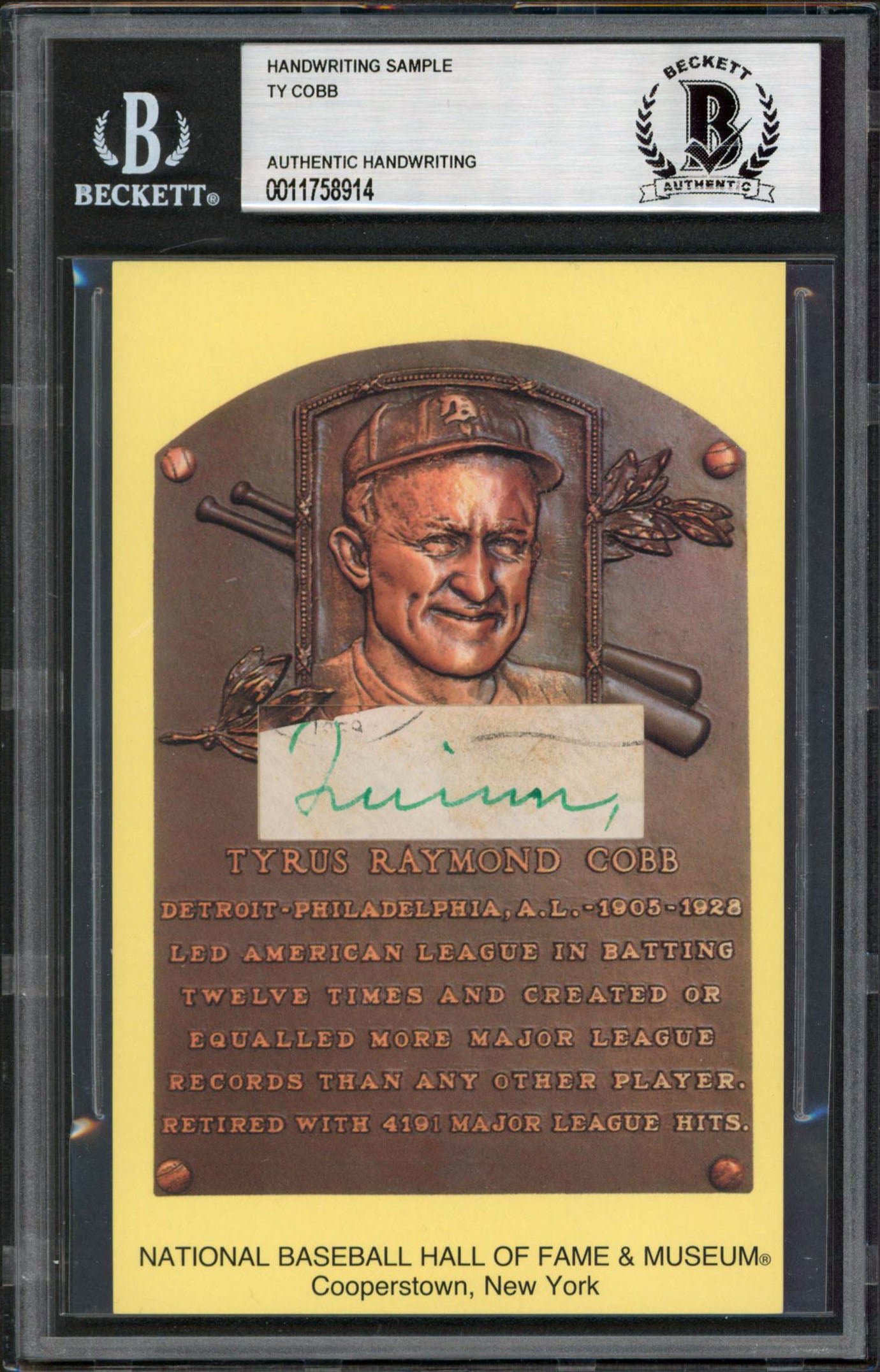 Tigers Ty Cobb Writing Sample 3.5x5.5 HOF Plaque Postcard BAS Slabbed 21