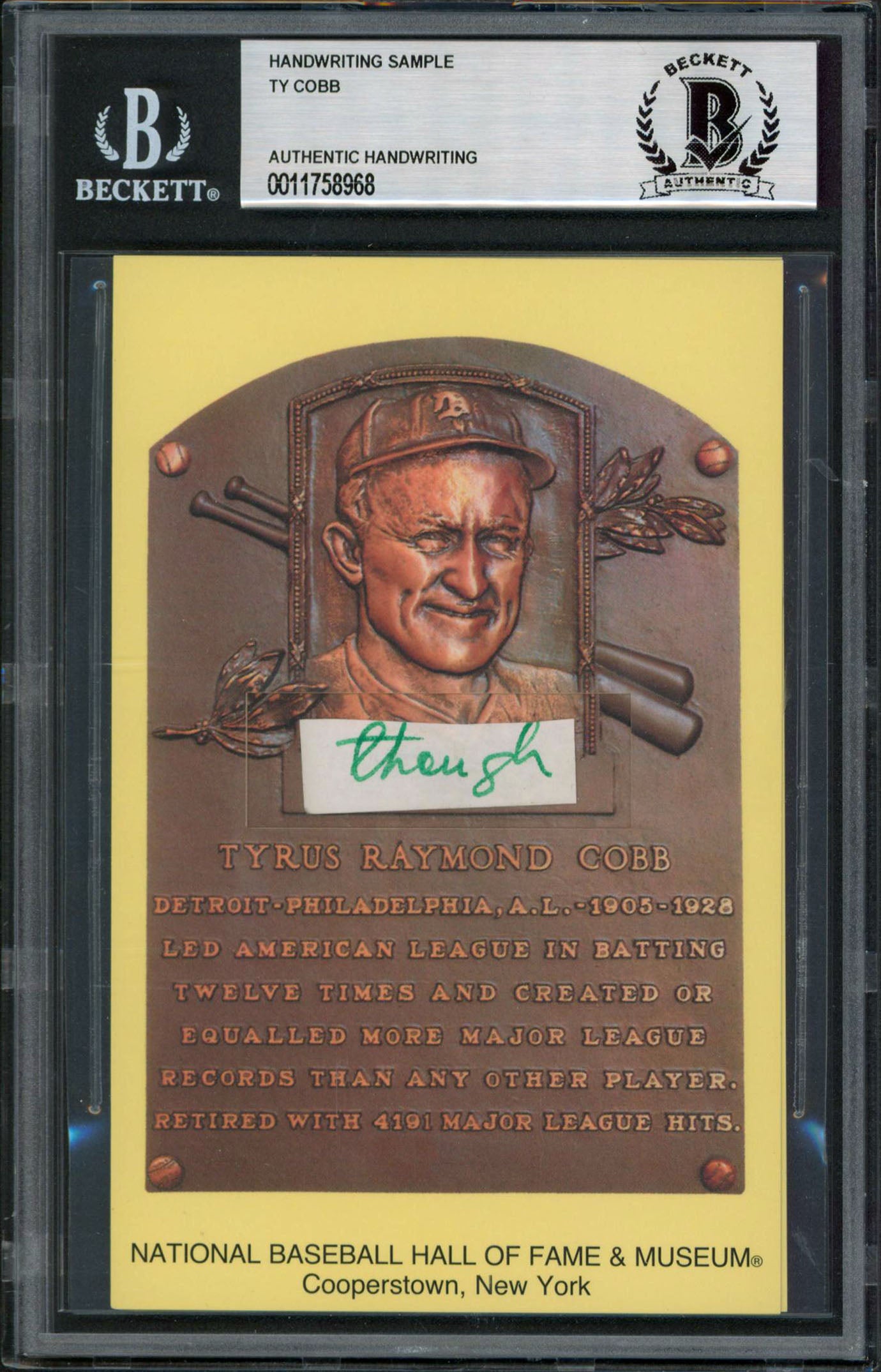 Tigers Ty Cobb Writing Sample 3.5x5.5 HOF Plaque Postcard BAS Slabbed 19