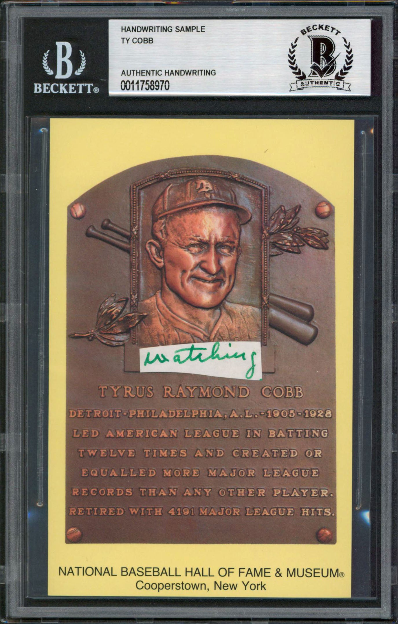 Tigers Ty Cobb Writing Sample 3.5x5.5 HOF Plaque Postcard BAS Slabbed 14