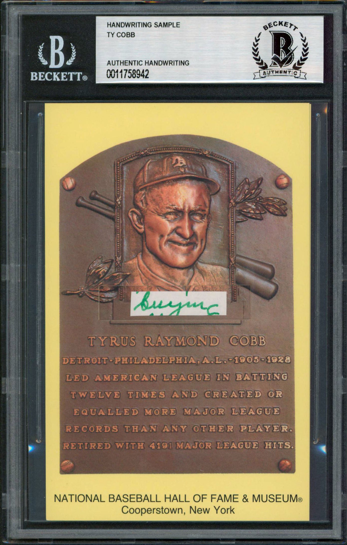 Tigers Ty Cobb Writing Sample 3.5x5.5 HOF Plaque Postcard BAS Slabbed 10