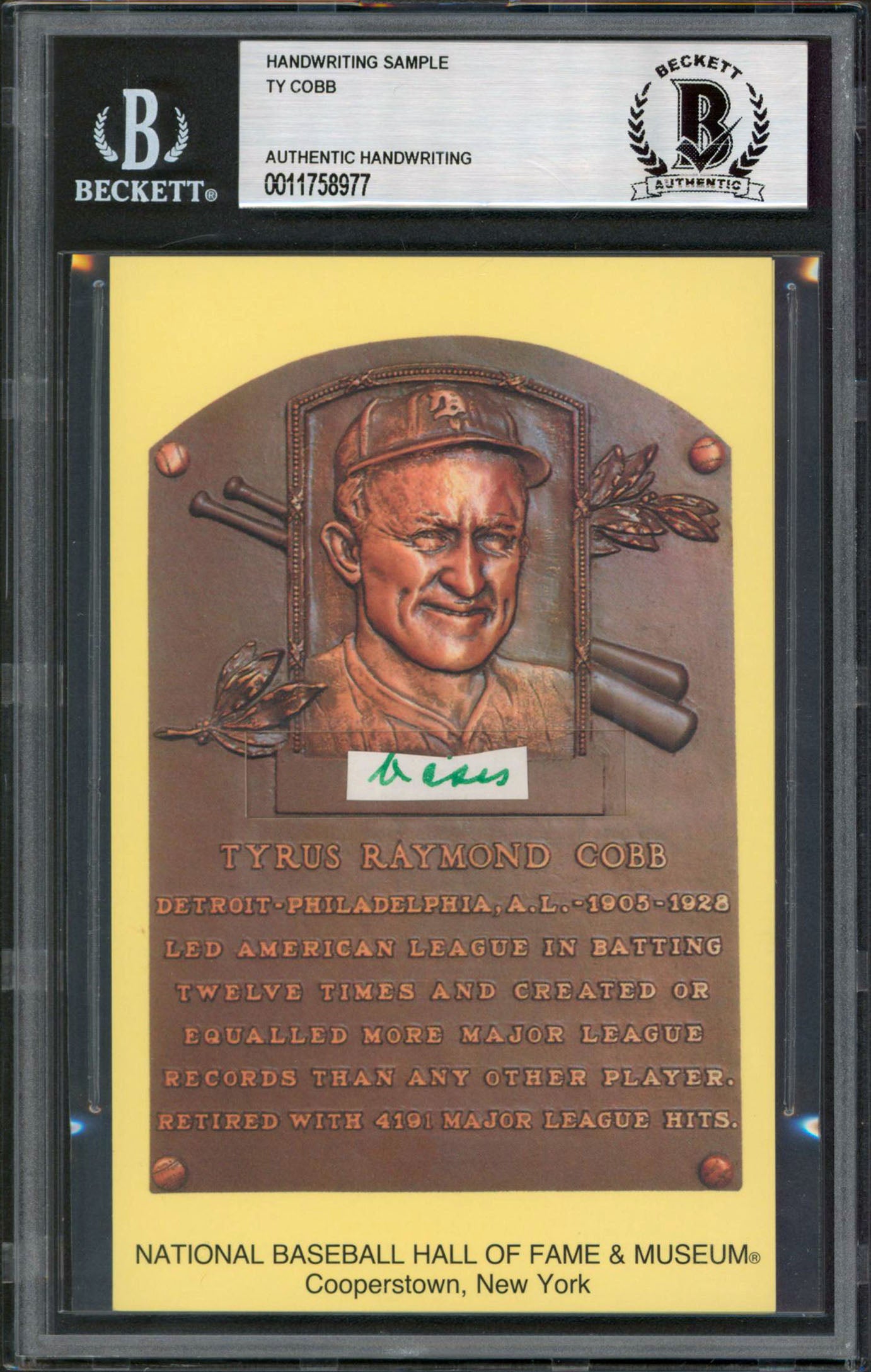 Tigers Ty Cobb Writing Sample 3.5x5.5 HOF Plaque Postcard BAS Slabbed 5