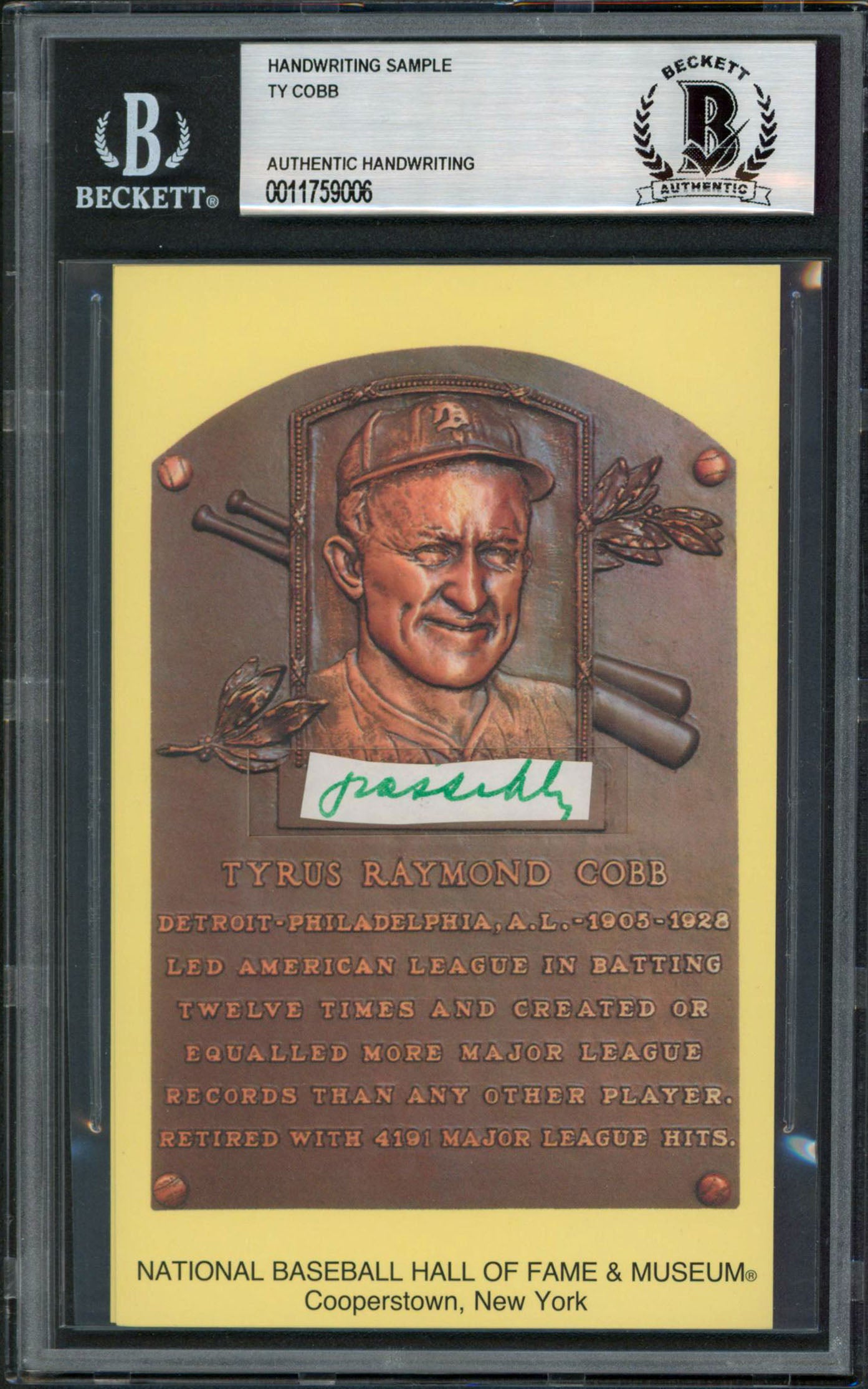 Tigers Ty Cobb Writing Sample 3.5x5.5 HOF Plaque Postcard BAS Slabbed 4