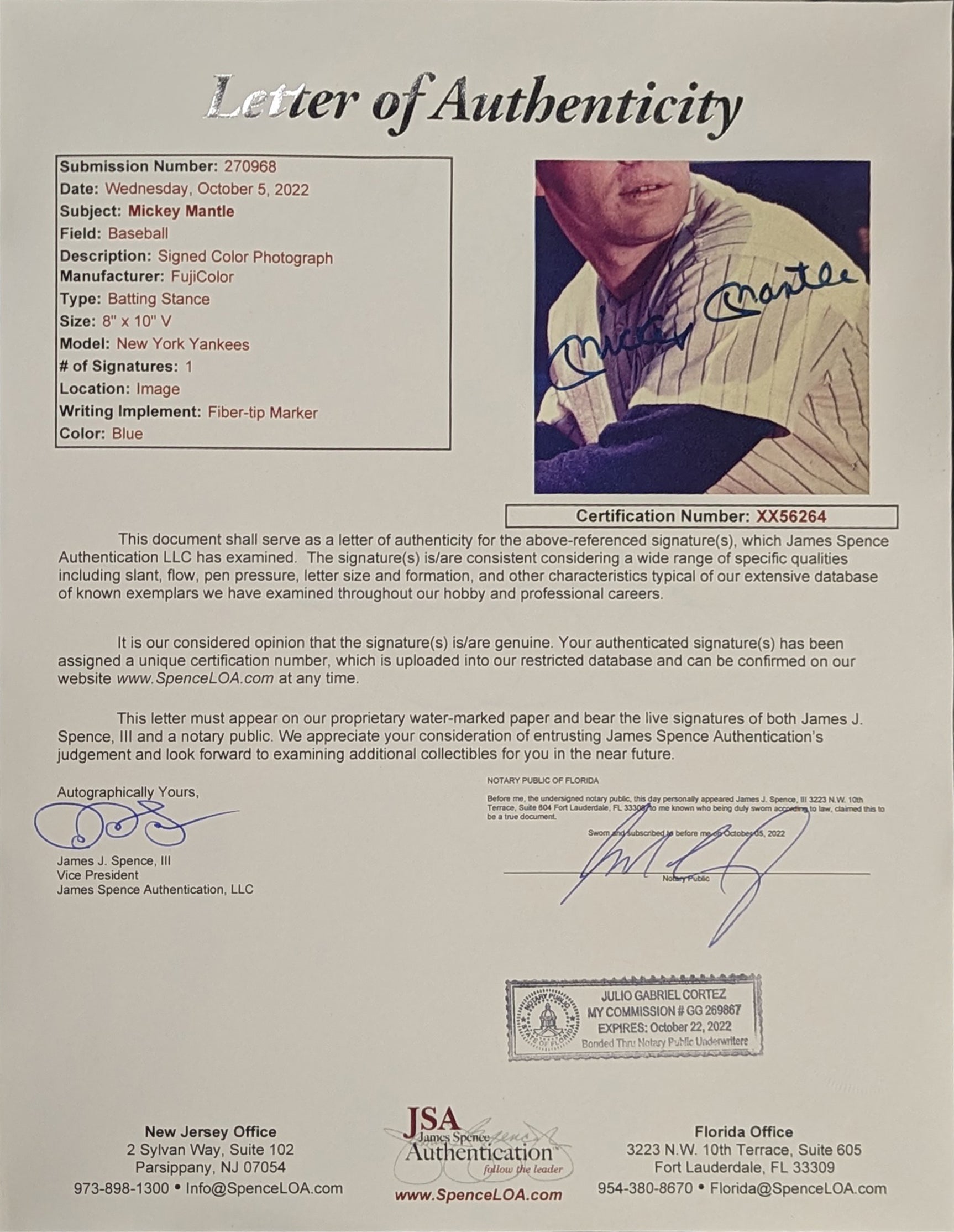 Yankees Mickey Mantle Authentic Signed 8x10 Framed Photo JSA #XX56264