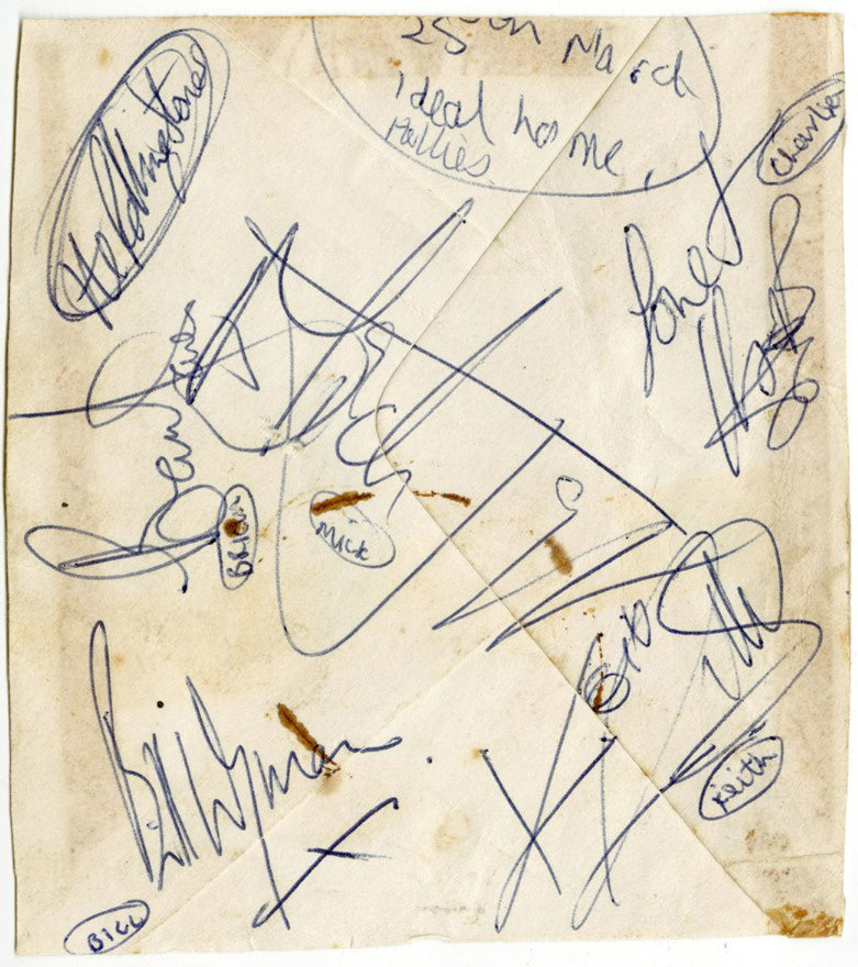 Rolling Stones (5) Jagger, Jones, Wyman, Watts & Richards Signed 4x4.5 Cut JSA