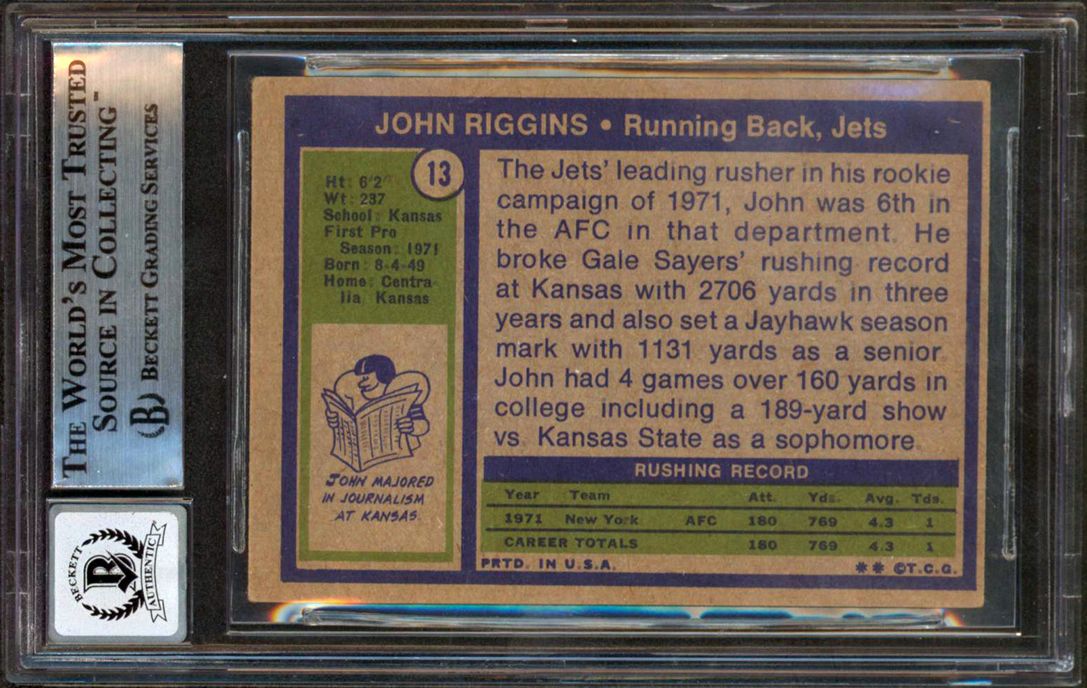 Redskins John Riggins Signed 1972 Topps 13 Card Auto Graded Mint 10! BAS Slabbed