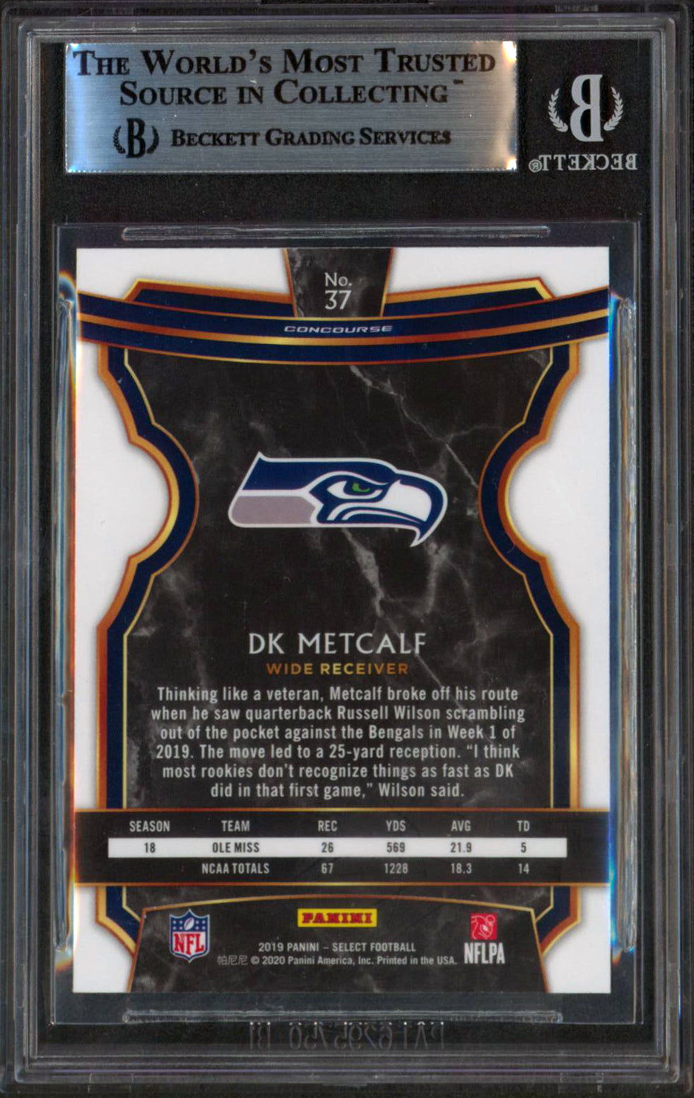 Seahawks DK Metcalf Authentic Signed 2019 Select #37 Rookie Card BAS Slabbed