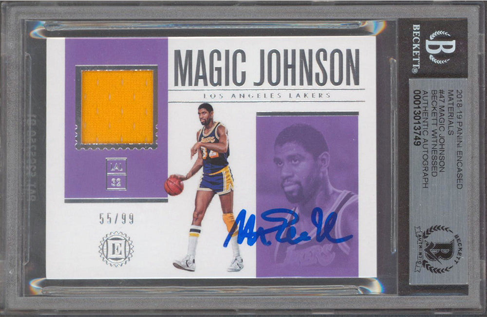 Magic Johnson Signed 2018 Panini Encased Materials #47 #55/99 Auto 10! BAS Slab