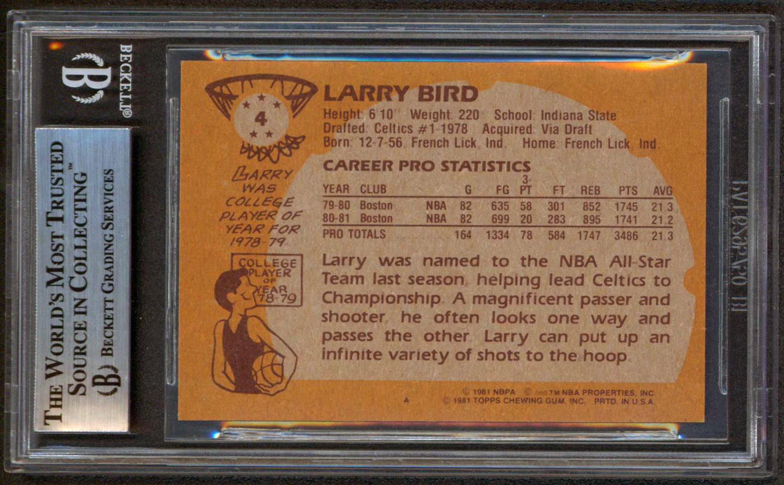 Celtics Larry Bird Authentic Signed 1981 Topps #4 Card Autographed BAS Slabbed