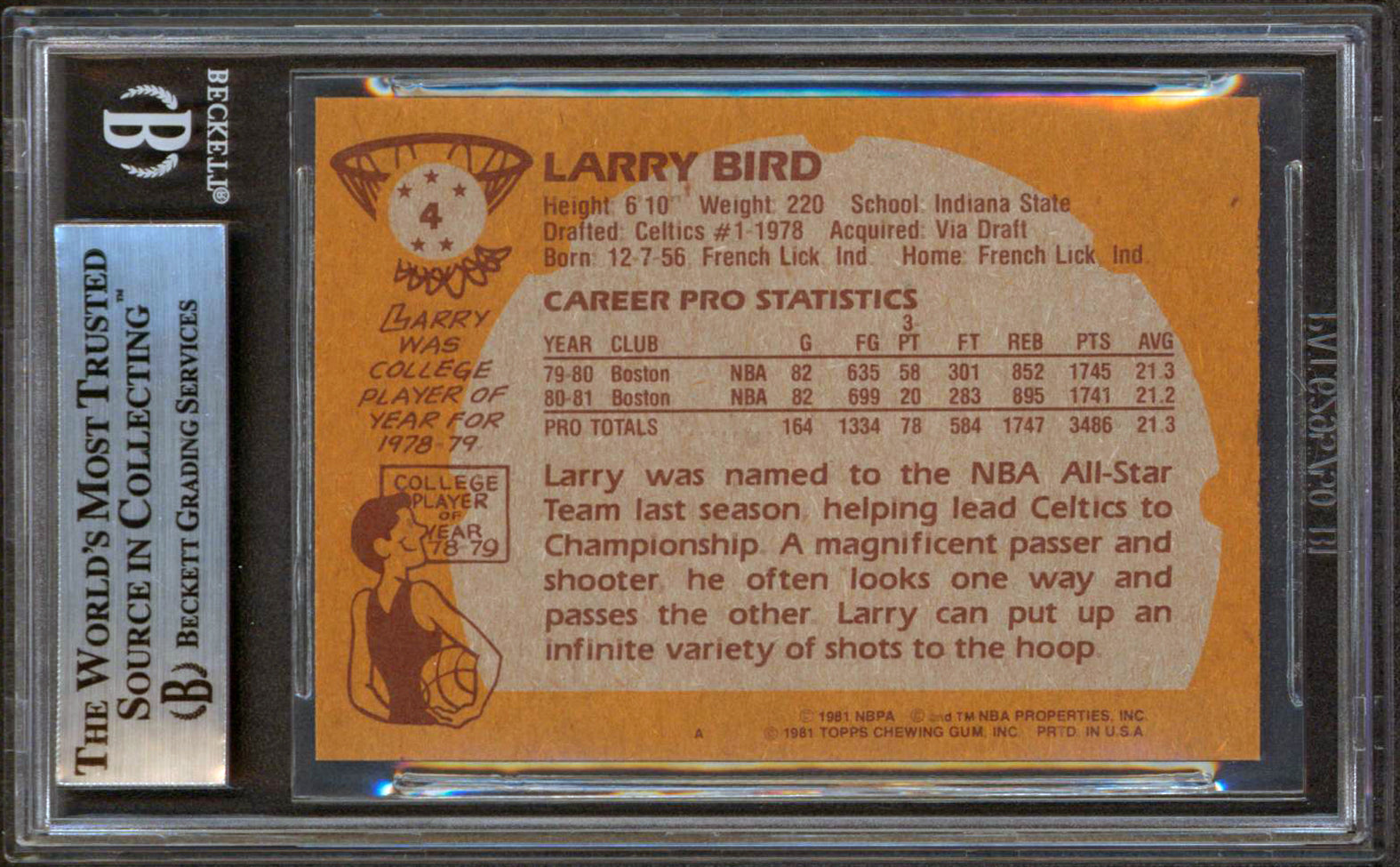Celtics Larry Bird Authentic Signed 1981 Topps #4 Card Autographed BAS Slabbed