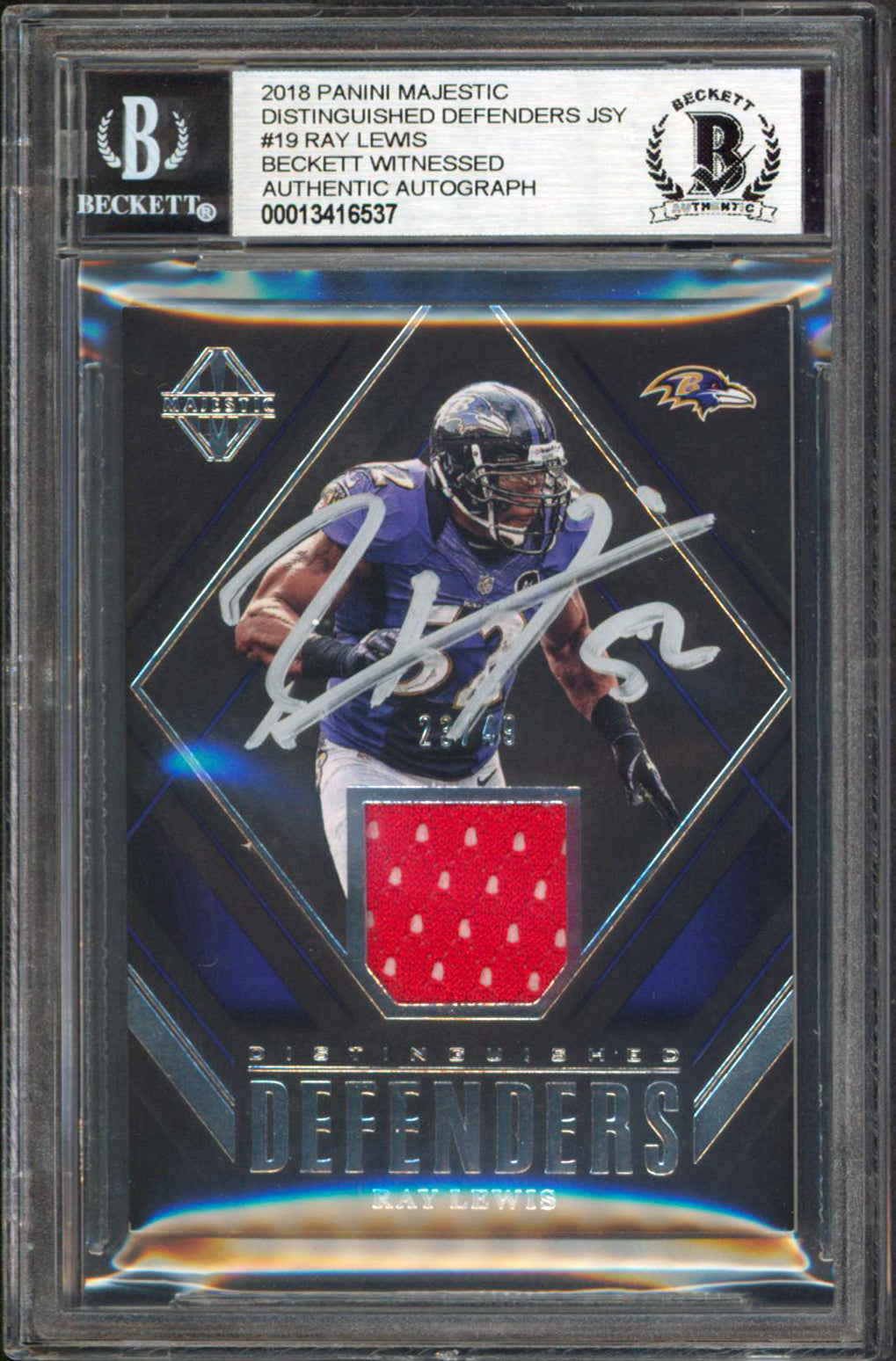 Ravens Ray Lewis Signed 2018 Panini Majestic Jersey #19 23/49 Card BAS Slabbed
