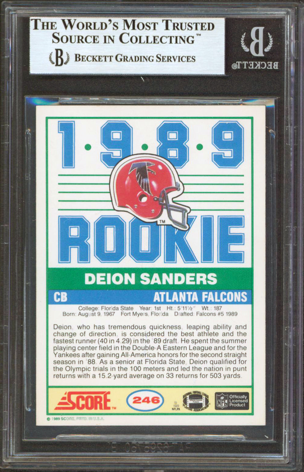 Falcons Deion Sanders Authentic Signed 1989 Score #246 Rookie Card BAS Slabbed