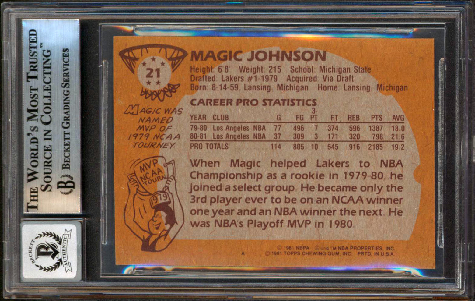 Lakers Magic Johnson "HOF 02" Signed 1981 Topps #21 Card Auto 10! BAS Slabbed 1