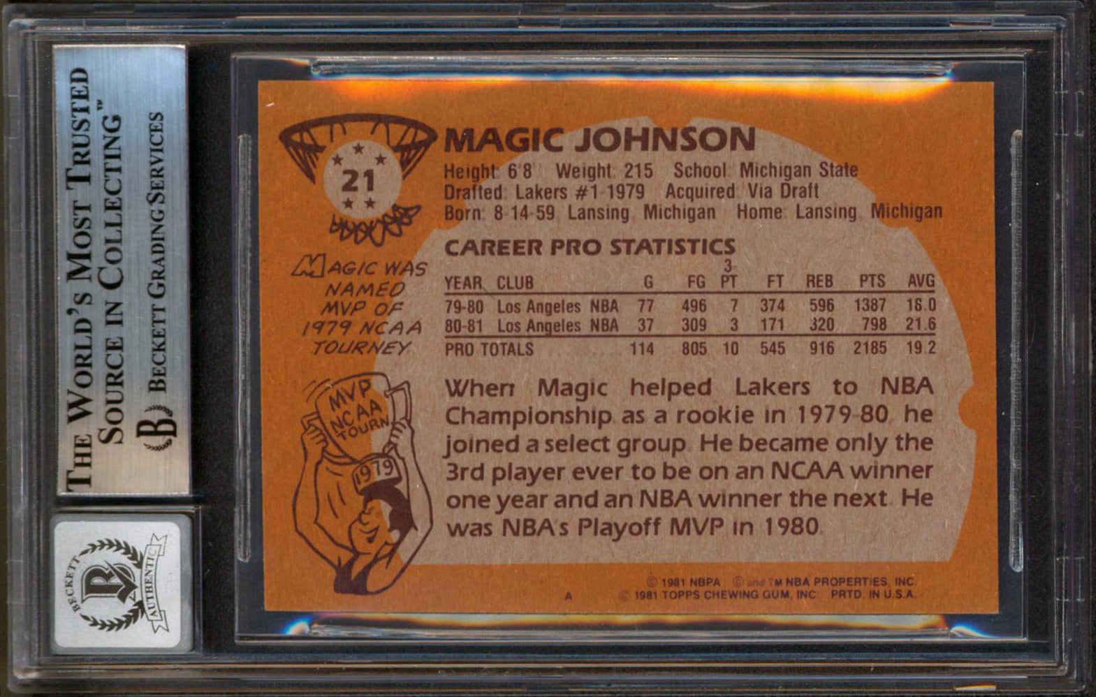 Lakers Magic Johnson "HOF 02" Signed 1981 Topps #21 Card Auto 10! BAS Slabbed 5