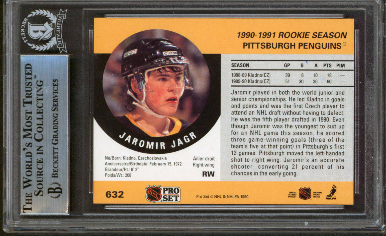 Penguins Jaromir Jagr Authentic Signed 1990 Pro Set #632B Rookie Card BAS Slab