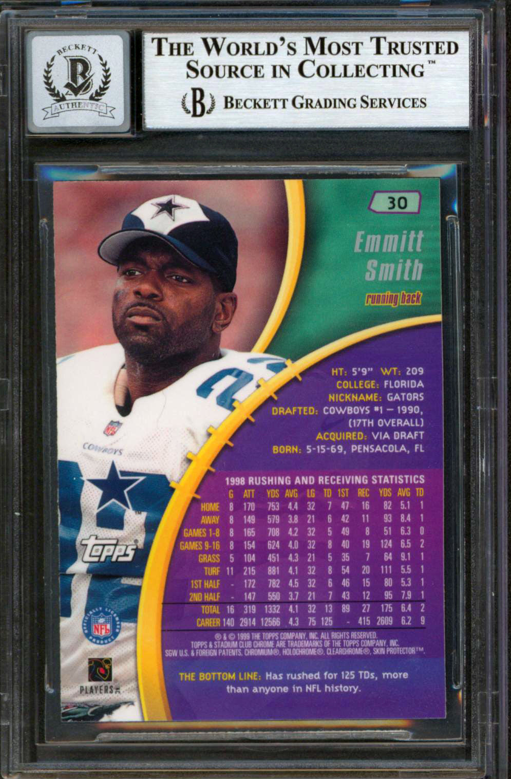 Cowboys Emmitt Smith Signed 1999 Stadium Club Chrome #30 Card Auto 10!  BAS Slab