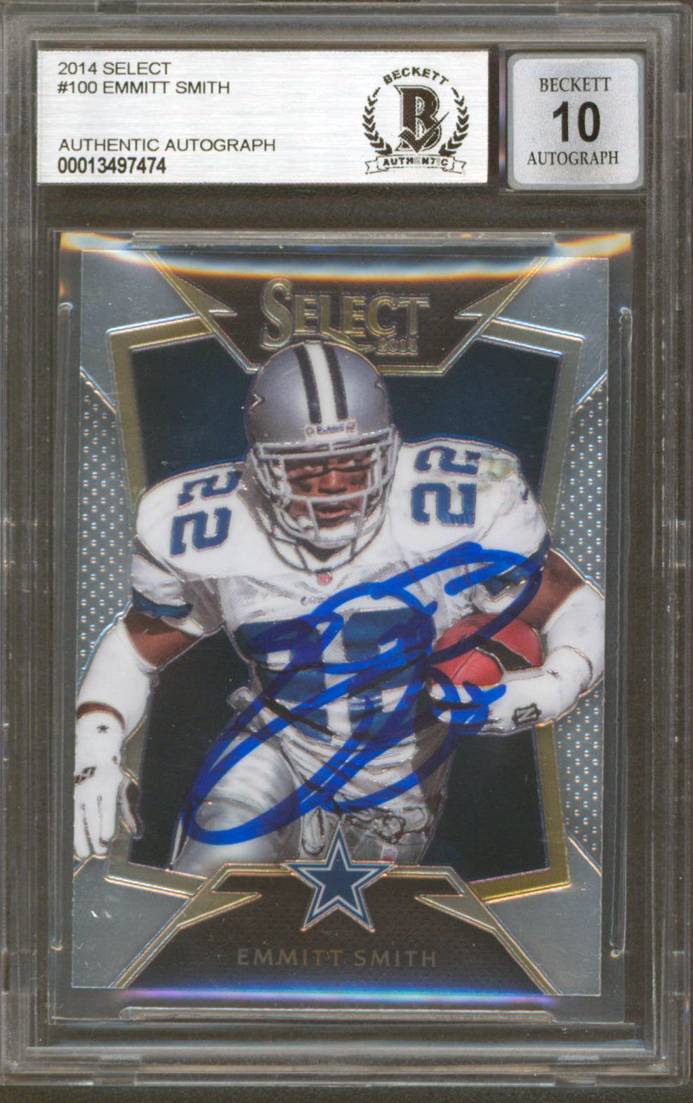 Cowboys Emmitt Smith Signed 2014 Select #100 Card Auto Graded 10! BAS Slabbed
