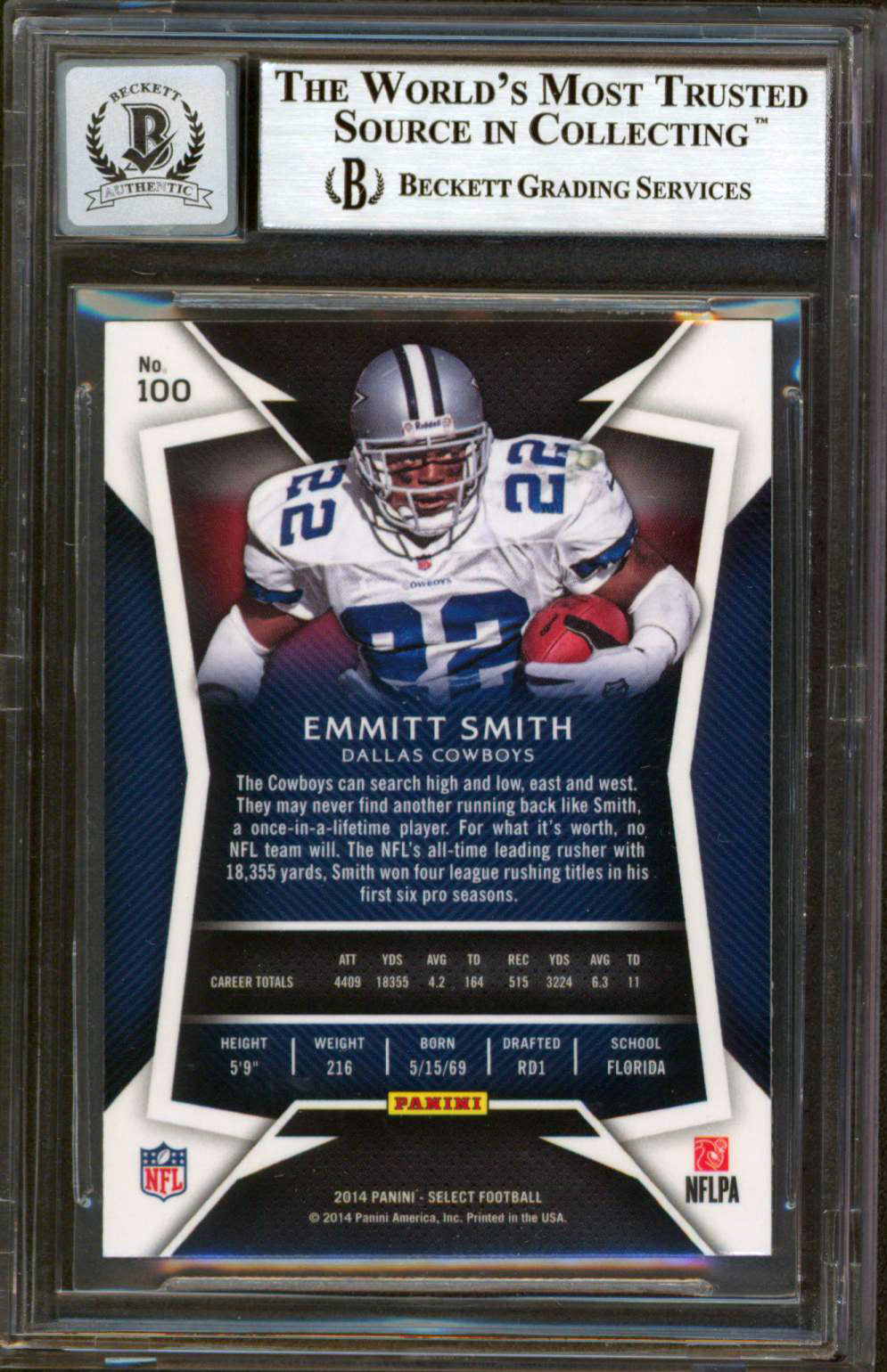 Cowboys Emmitt Smith Signed 2014 Select #100 Card Auto Graded 10! BAS Slabbed