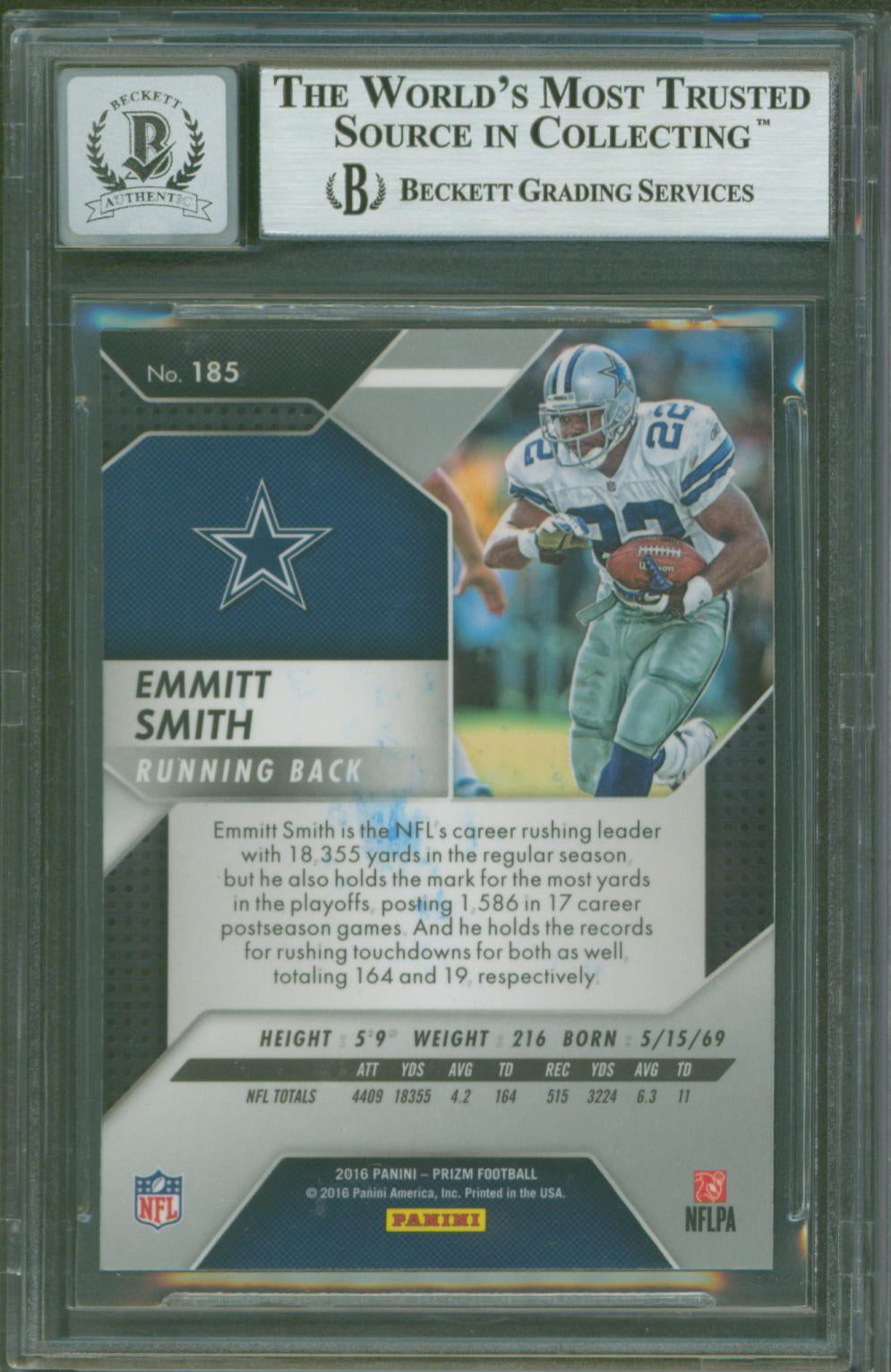 Cowboys Emmitt Smith Signed 2016 Panini Prizm #185 Card Auto Graded 10! BAS Slab