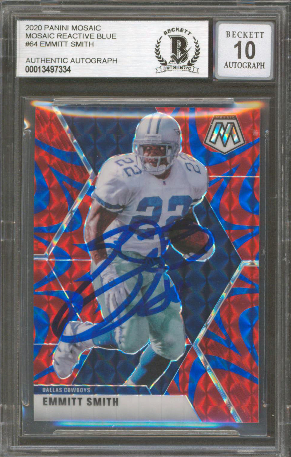 Cowboys Emmitt Smith Signed 2020 Panini Mosaic Reactive Blue 64 Auto 10 BAS Slab