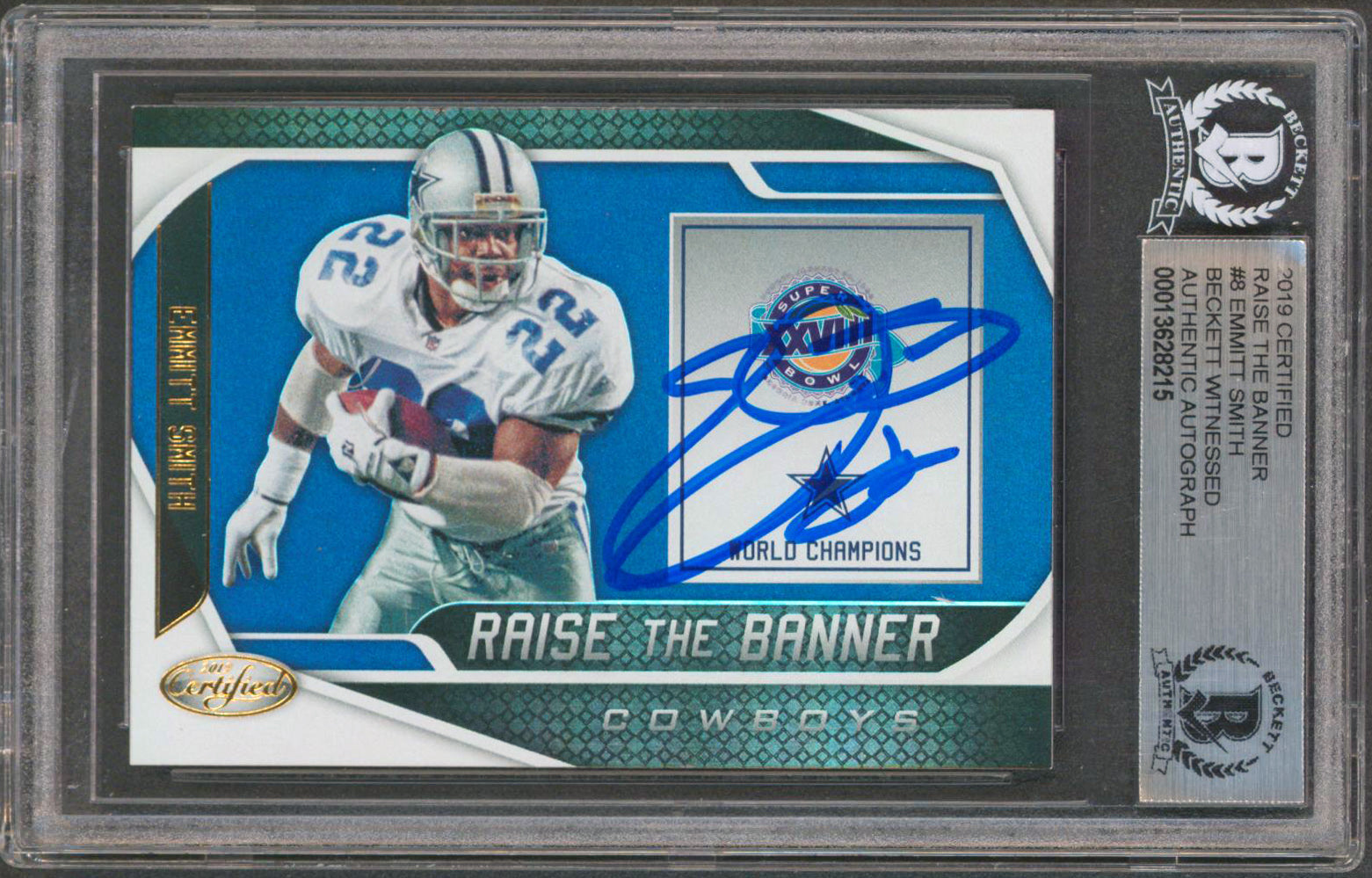 Cowboys Emmitt Smith Signed 2019 Certified Raise The Banner #8 Card BAS Slabbed