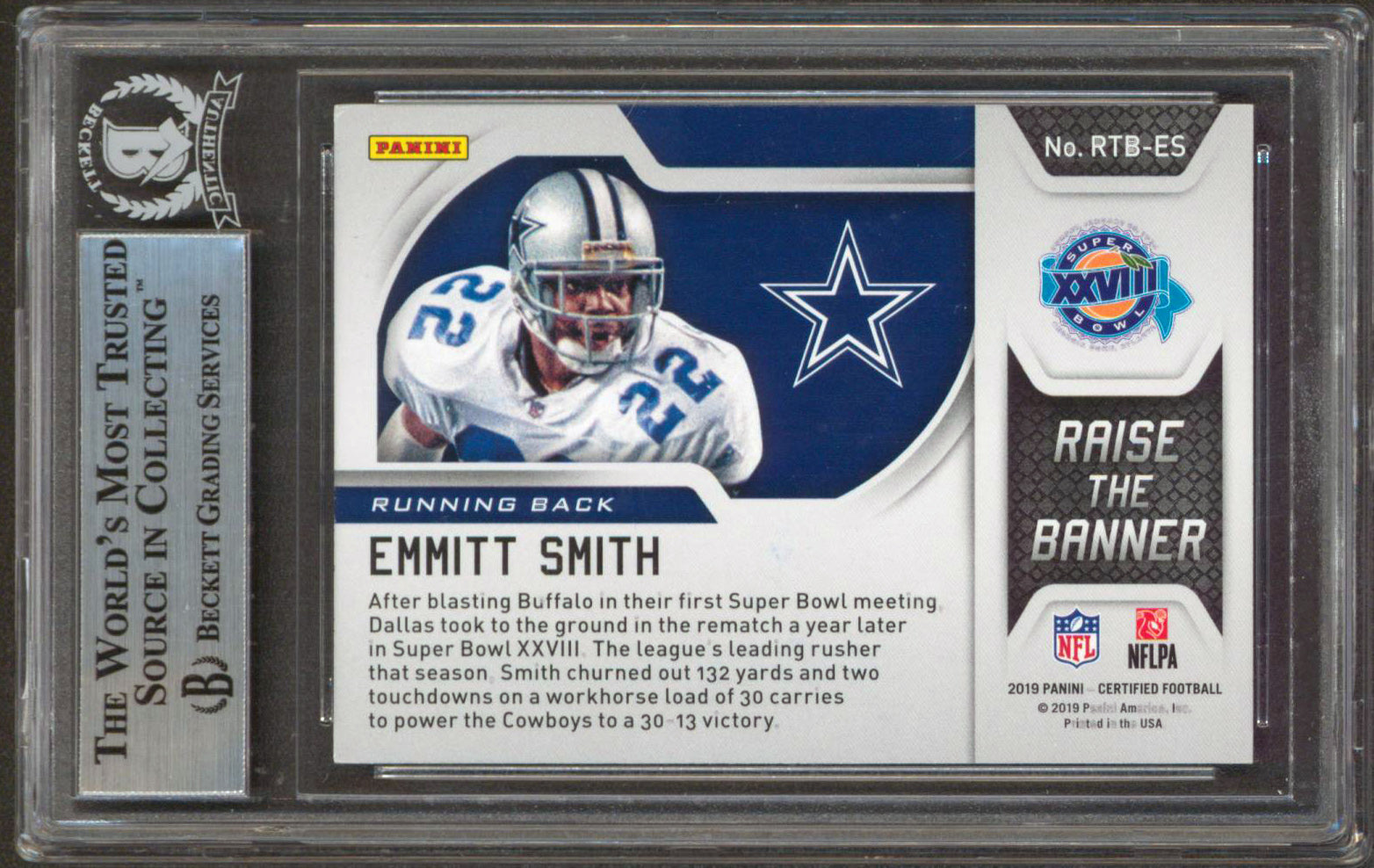 Cowboys Emmitt Smith Signed 2019 Certified Raise The Banner #8 Card BAS Slabbed