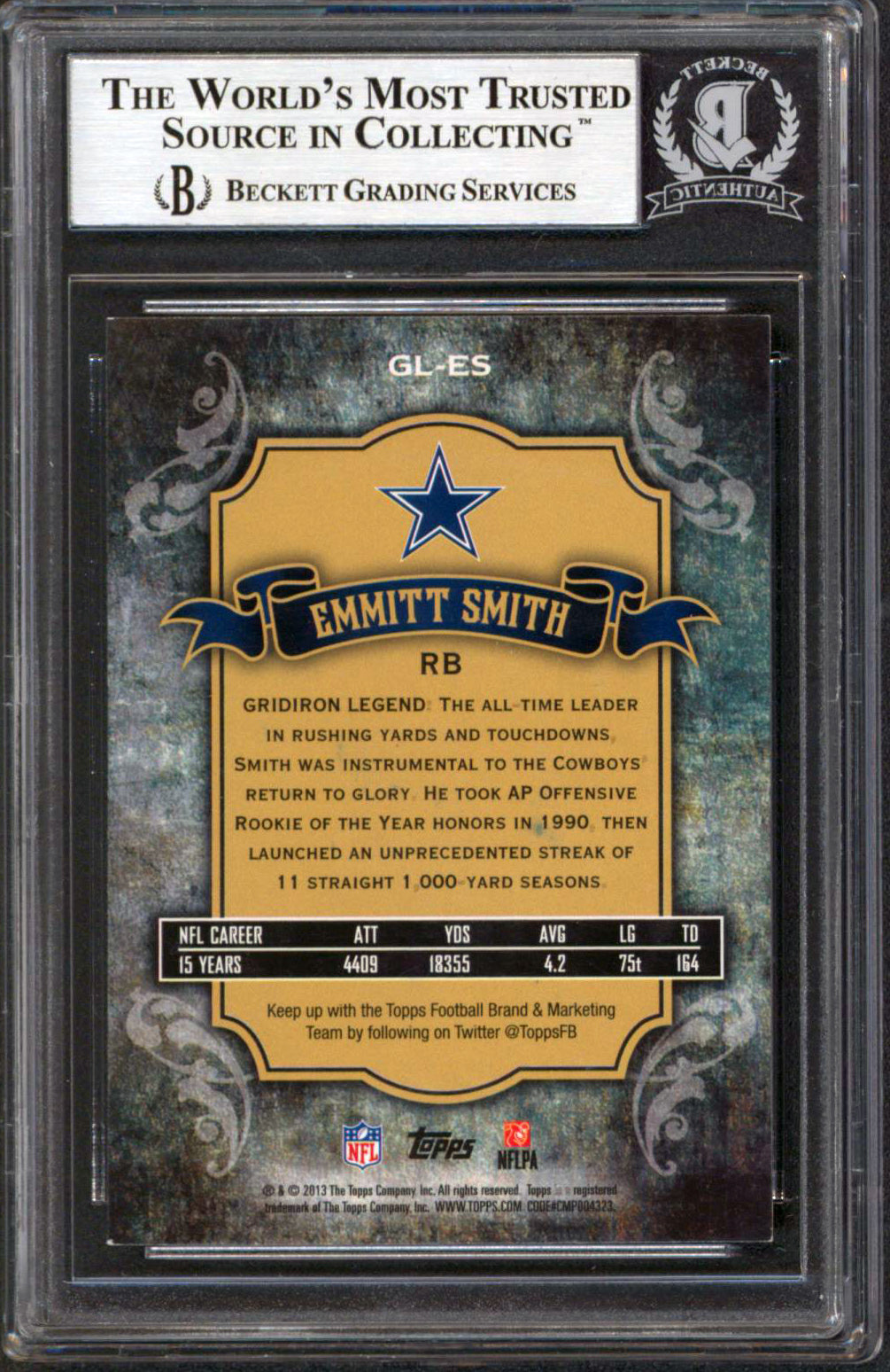 Cowboys Emmitt Smith Signed 2013 Topps Gridiron Legends #GLES Card BAS Slabbed