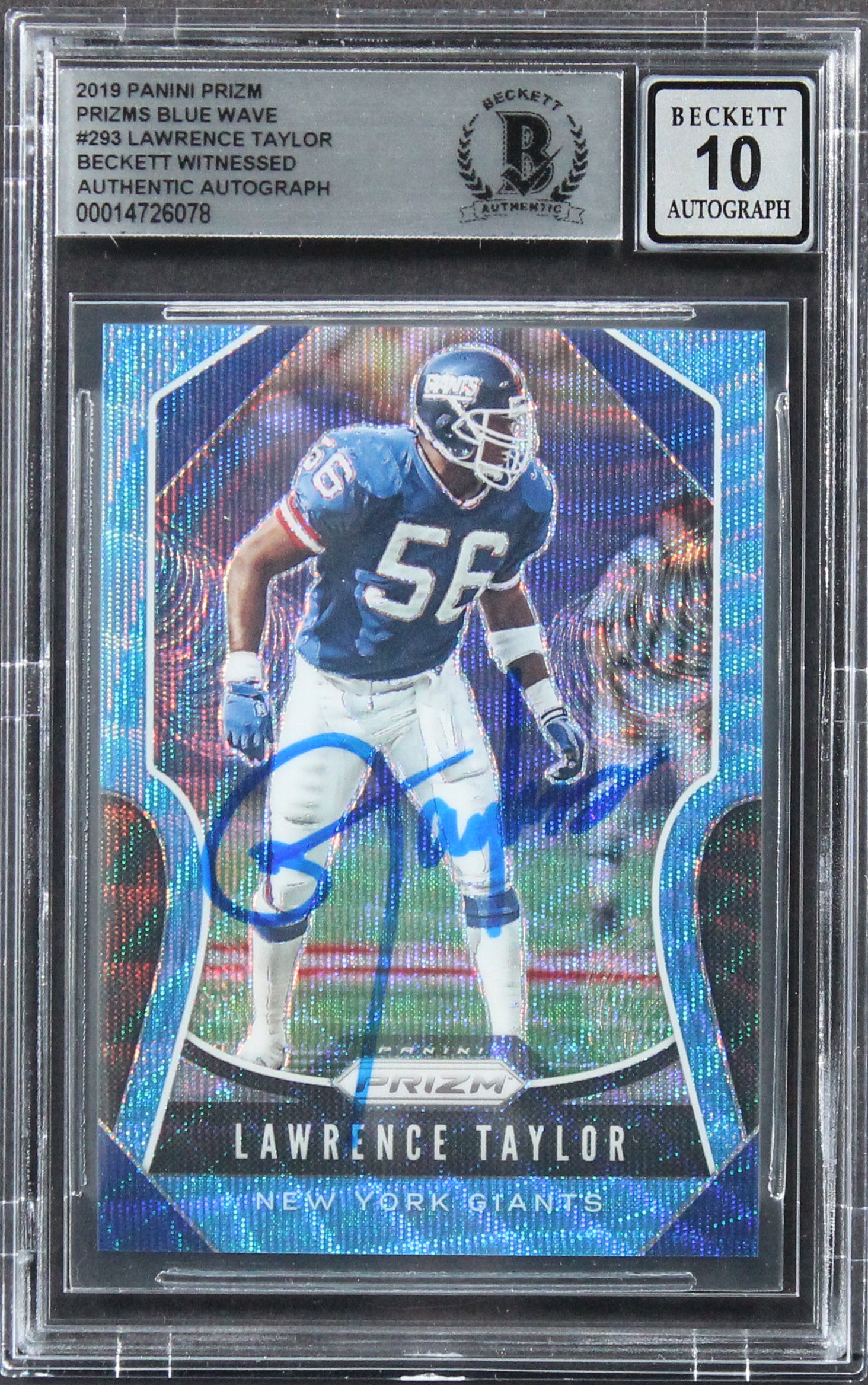 Lawrence Taylor Signed 2019 Panini Prizm Blue Wave #293 Card Auto 10! BAS Slab