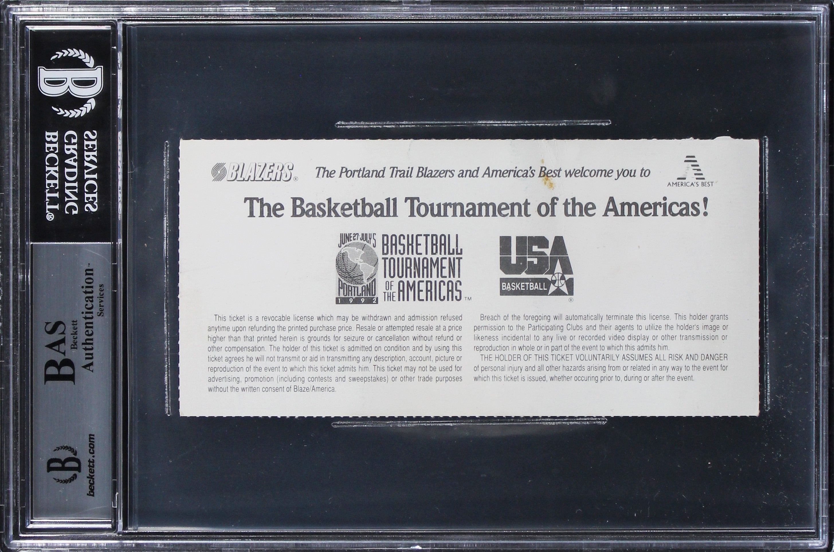 Magic Johnson & Larry Bird "92 Gold" Signed 1992 TOTA Ticket Stub BAS Slabbed 3