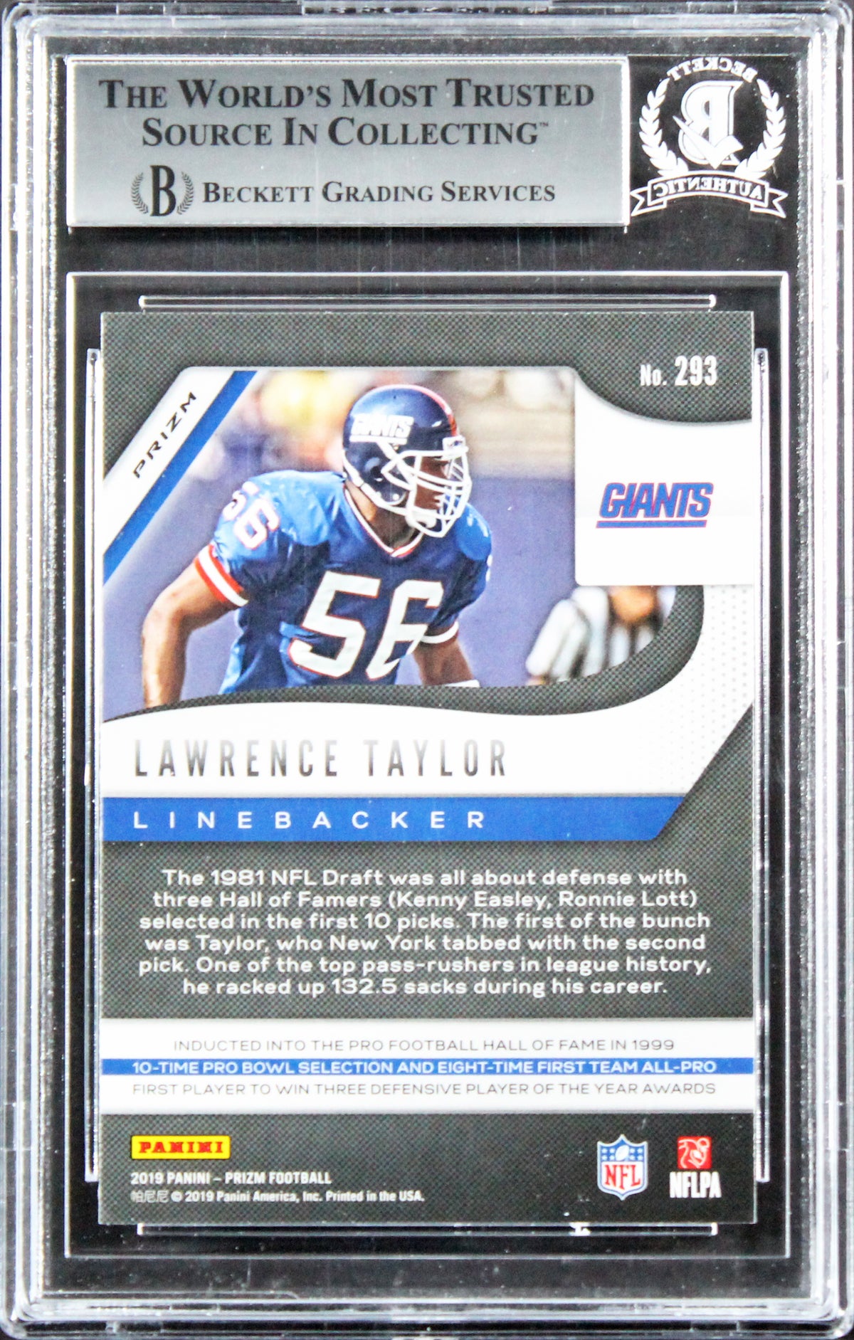 Giants Lawrence Taylor Signed 2019 Panini Prizm Silver #293 Card BAS Slabbed