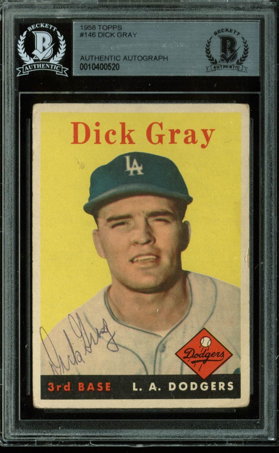 Dodgers Dick Gray Authentic Signed 1958 Topps #146 Auto Card BAS Slabbed