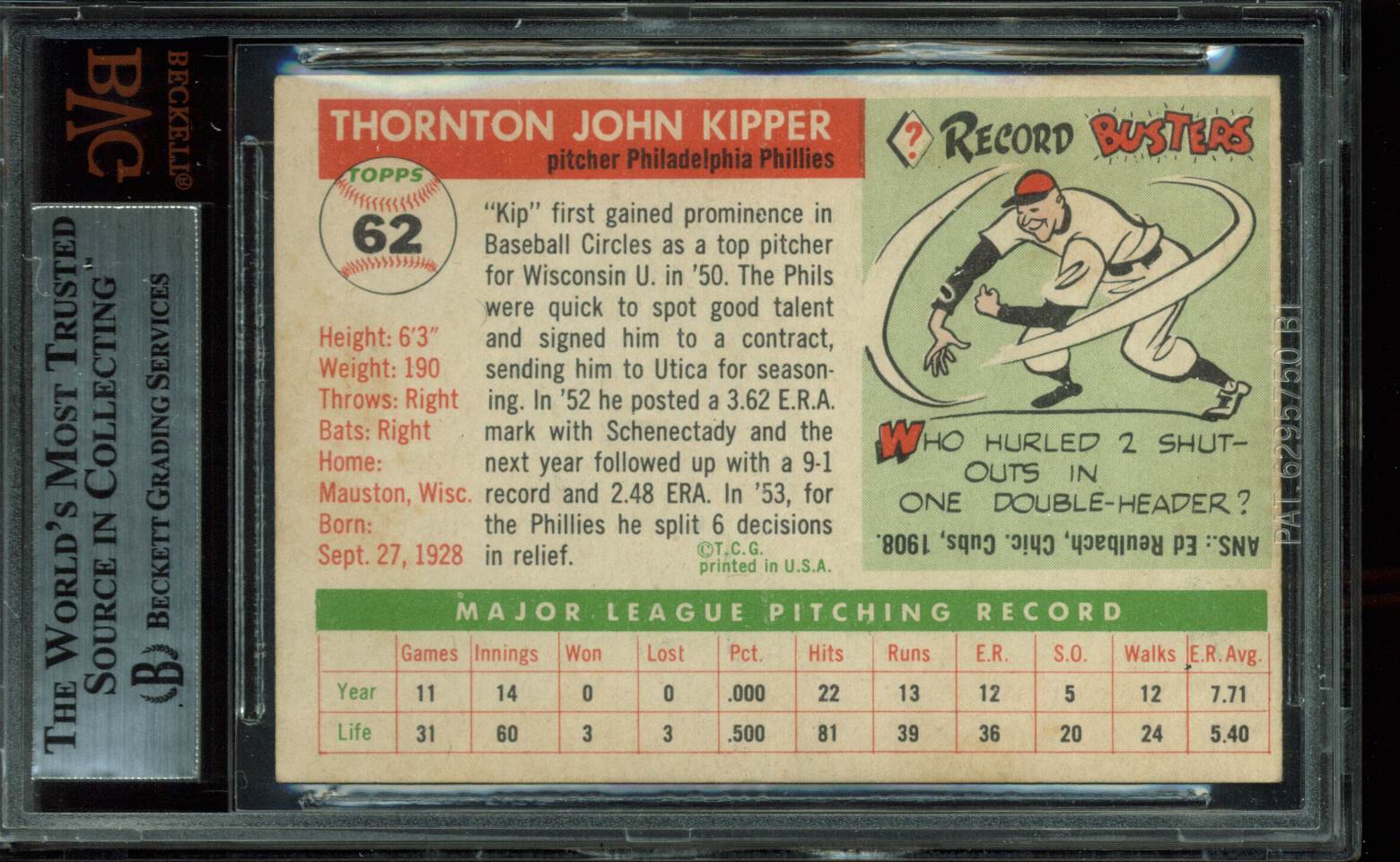 Phillies Thornton Kipper Authentic Signed 1955 Topps #62 Auto Card BAS Slabbed