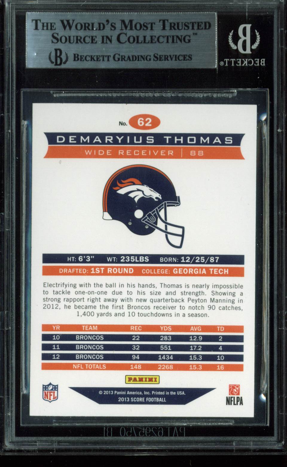 Broncos Demaryius Thomas Signed 2013 Score #62 Auto Card BAS Slabbed