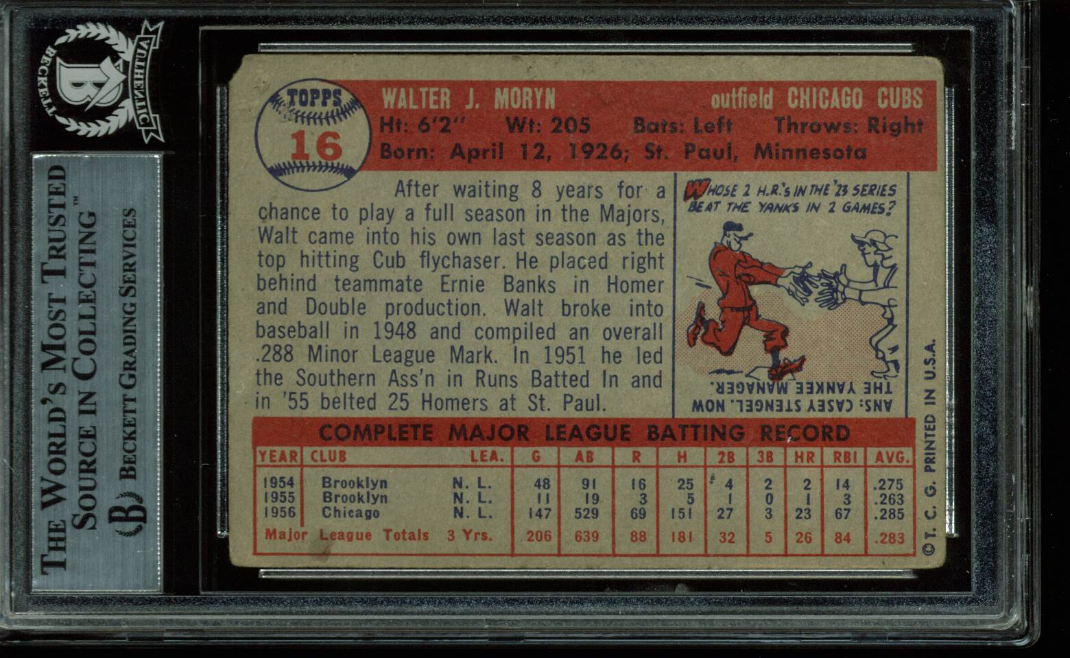 Cubs Walt Moryn Authentic Signed 1957 Topps #16 Card Autographed BAS Slabbed