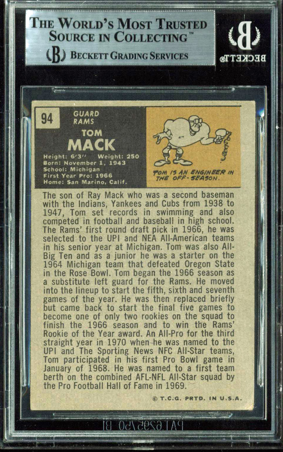 Rams Tom Mack Authentic Signed 1971 Topps #94 Auto Card BAS Slabbed
