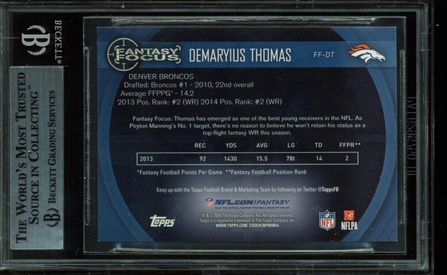 Broncos Demaryius Thomas Signed 2014 Topps Fantasy Focus #FFDT Card BAS Slabbed