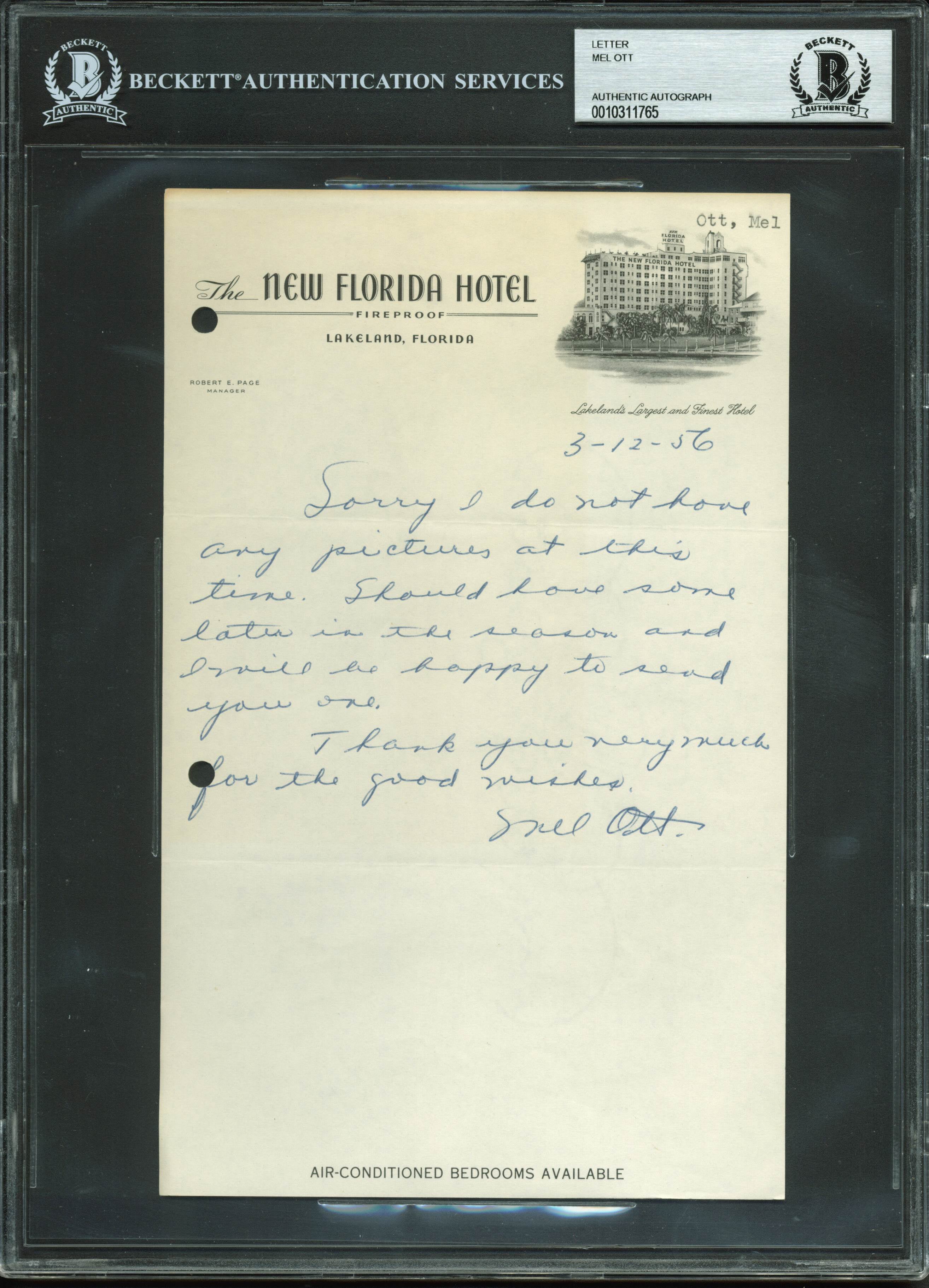 Giants Mel Ott Authentic Signed 6x9.5 Letter Dated 3-12-56 BAS Slabbed
