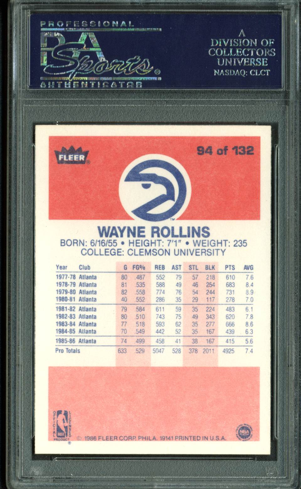 Hawks Wayne Tree Rollins Authentic Signed 1986 Fleer #94 Auto Card PSA/DNA Slab