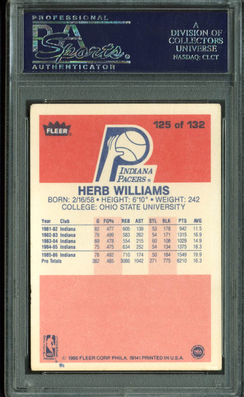 Pacers Herb Williams Authentic Signed 1986 Fleer #125 Card PSA/DNA Slabbed 1