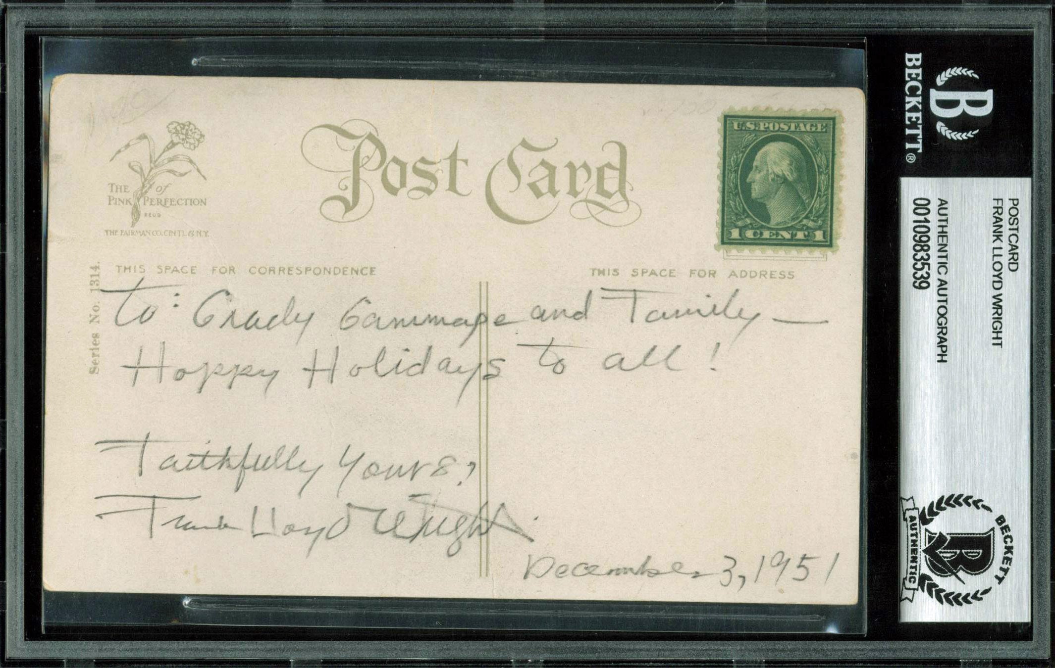 Frank Lloyd Wright Signed 3.5x5.5 Postcard Dated December 3, 1951 BAS Slabbed