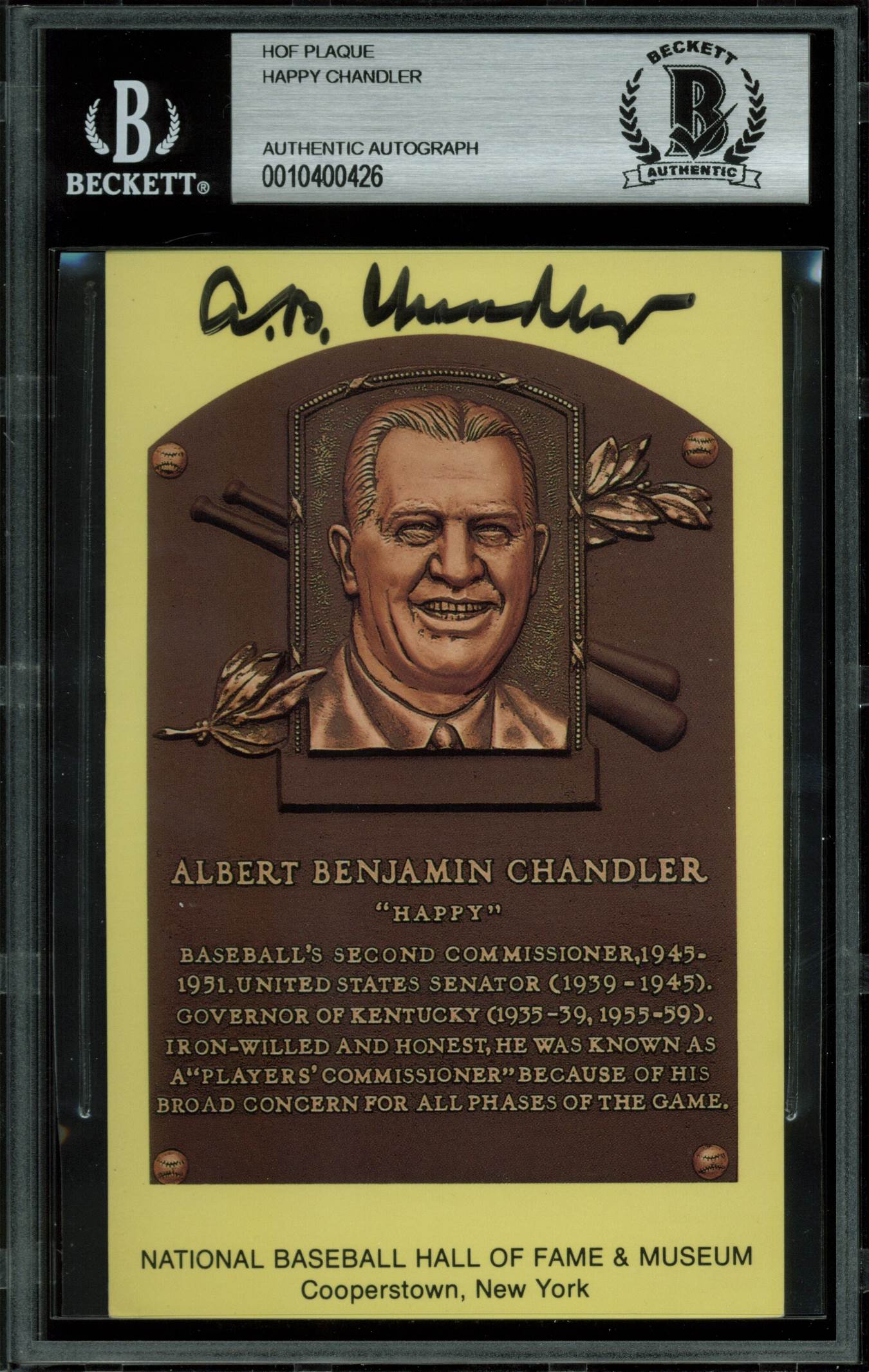 Happy Chandler Authentic Signed 3.5x5.5 HOF Plaque Postcard BAS Slabbed