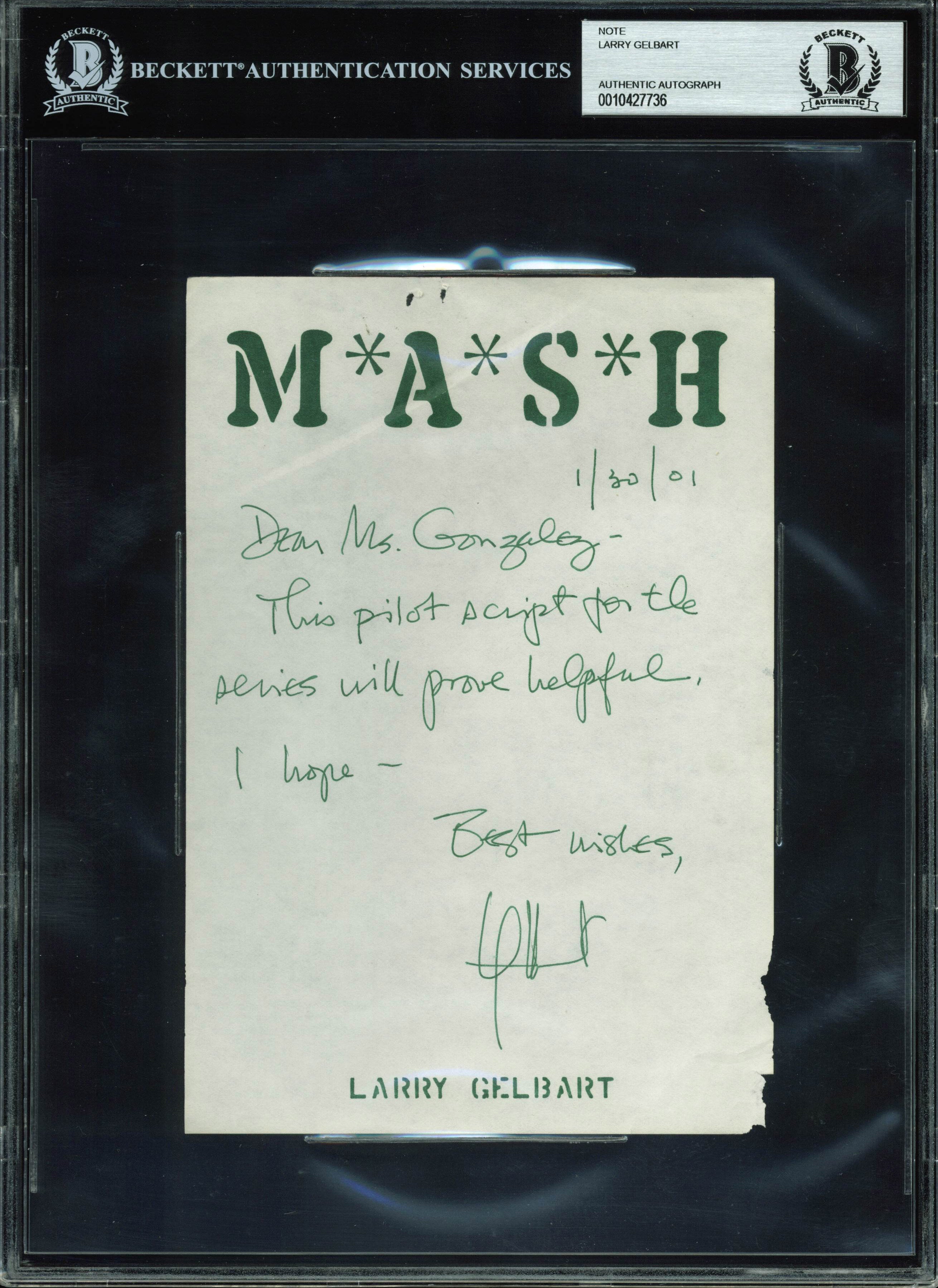 Larry Gelbart Authentic Signed Handwritten 5.5x8 Letter Dated 1/30/01 BAS Slab