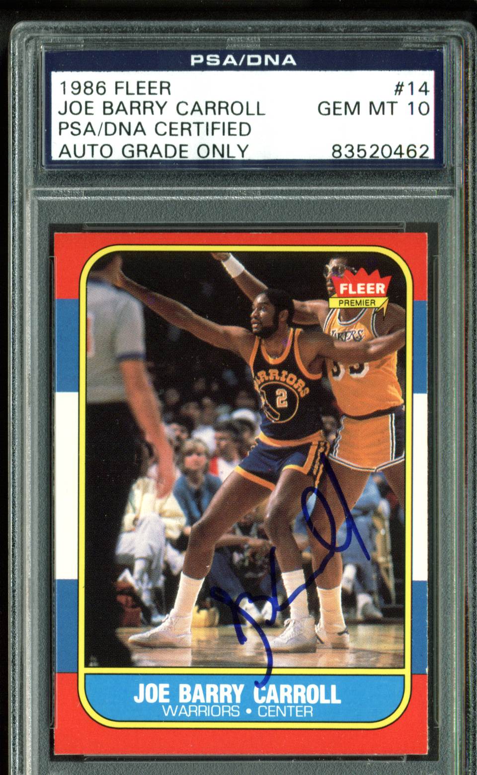 Warriors Joe Barry Carroll Signed 1986 Fleer #14 Card Auto Graded 10! PSA Slab 2