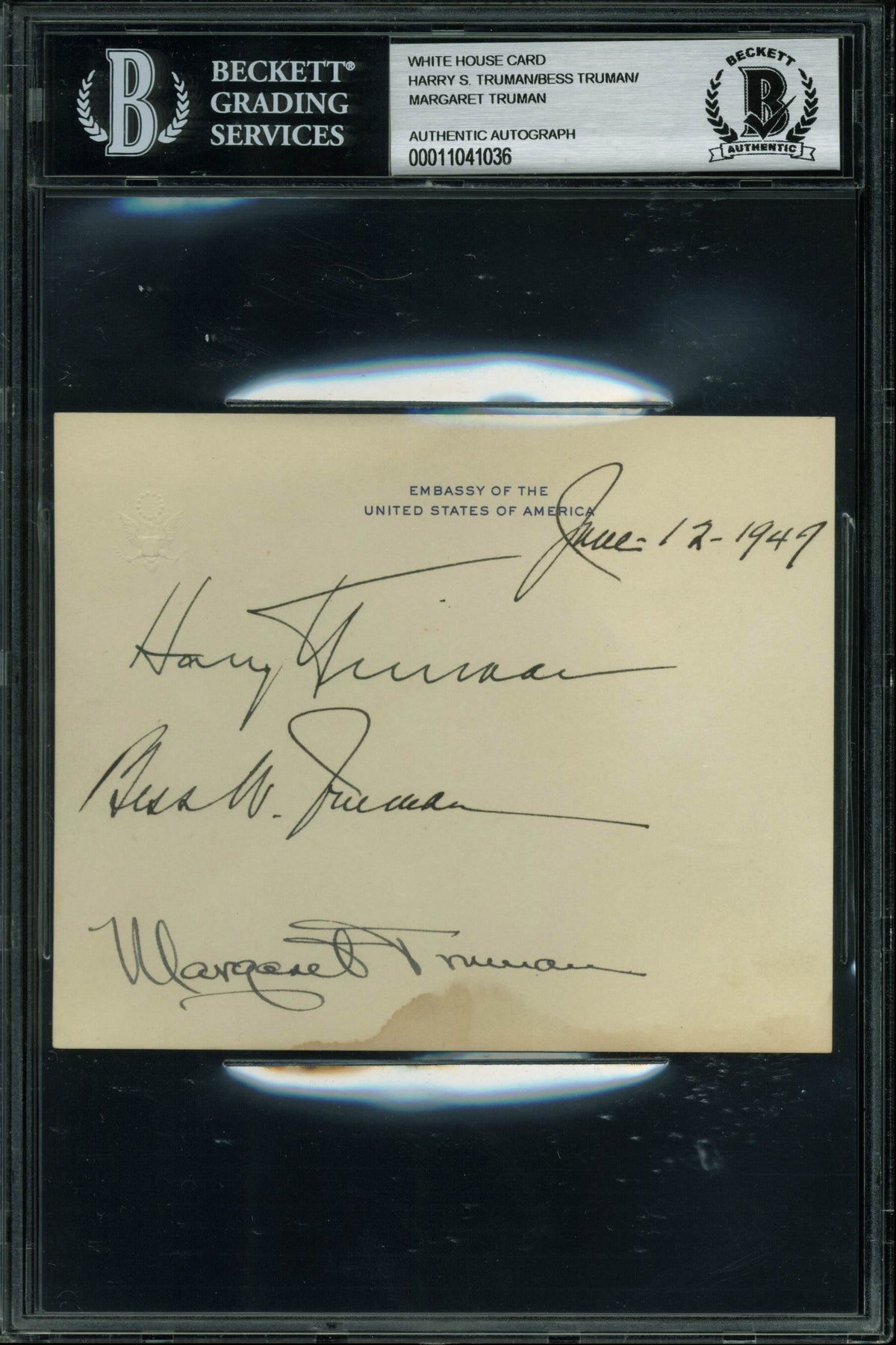 Harry S., Bess & Margaret Truman Signed 4.25x5.25 US Embassy Card BAS Slabbed