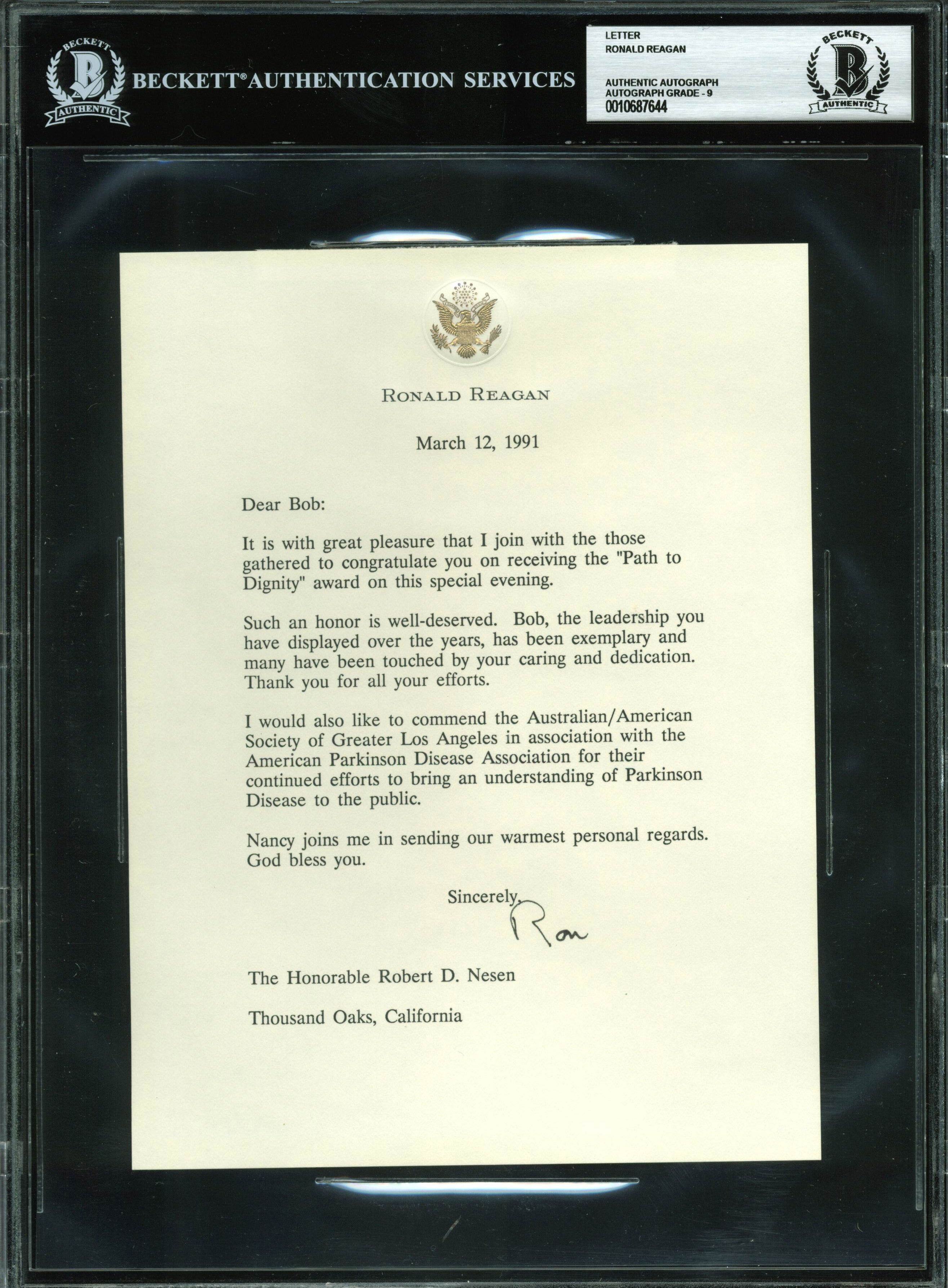 Ronald Reagan Signed 1991 Letter On Personal Letterhead Auto Graded 9! BAS Slab